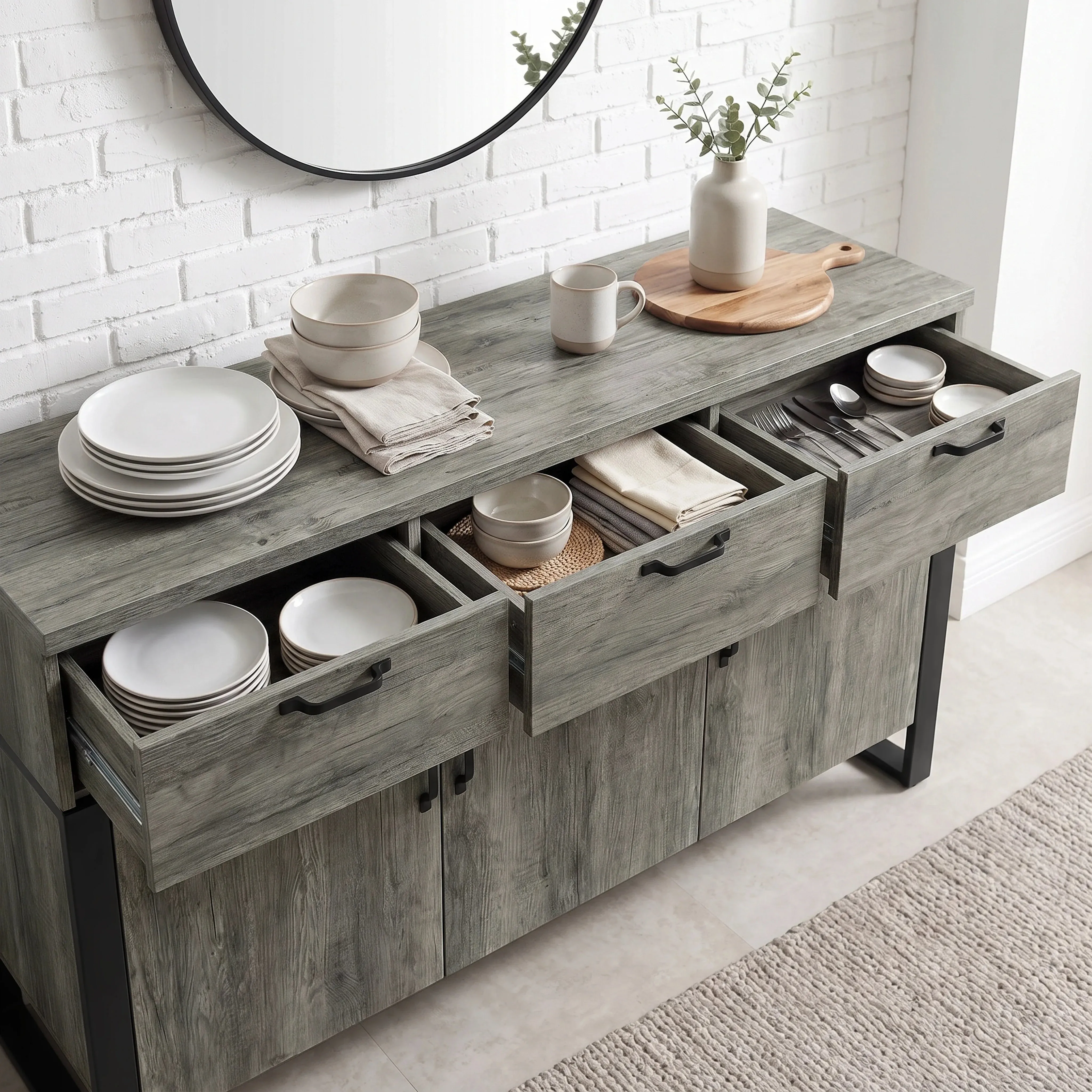 Ironmere Sideboard with Drawers & Storage Cabinet - Grey, Oak Effect alternate view