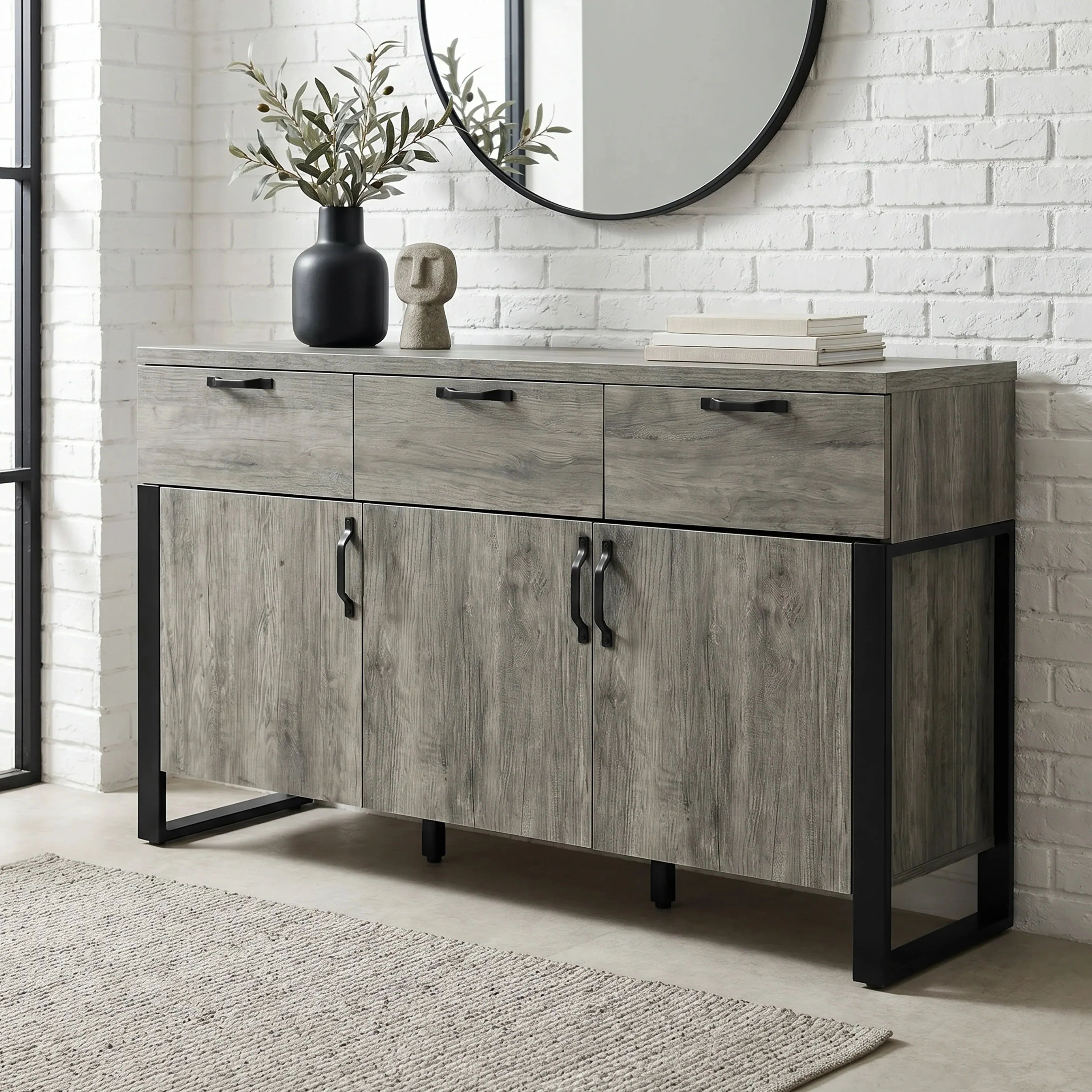 Ironmere Sideboard with Drawers & Storage Cabinet - Grey, Oak Effect product