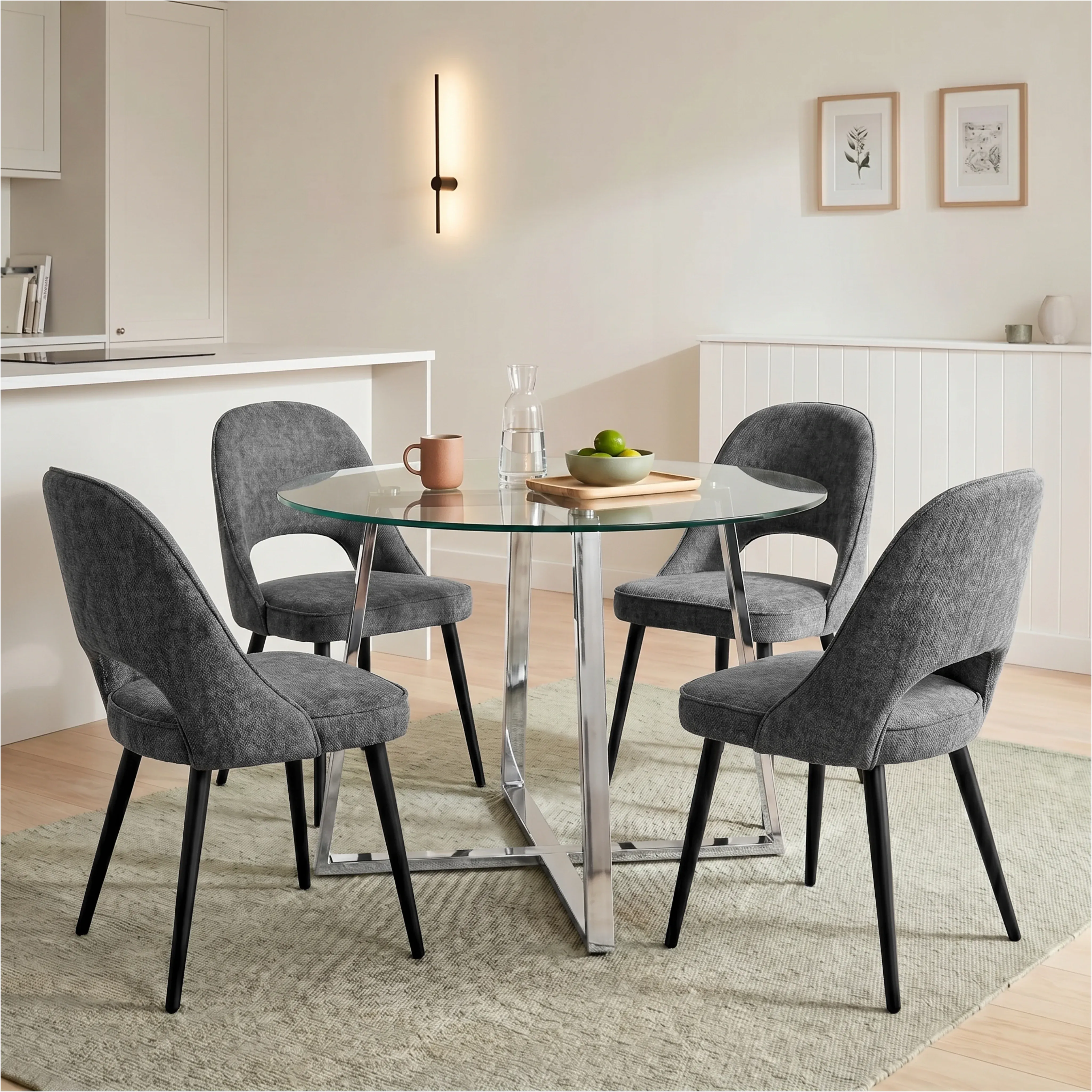 Kyvon Round Dining Table and 4 Chairs Set - Grey, Glass product