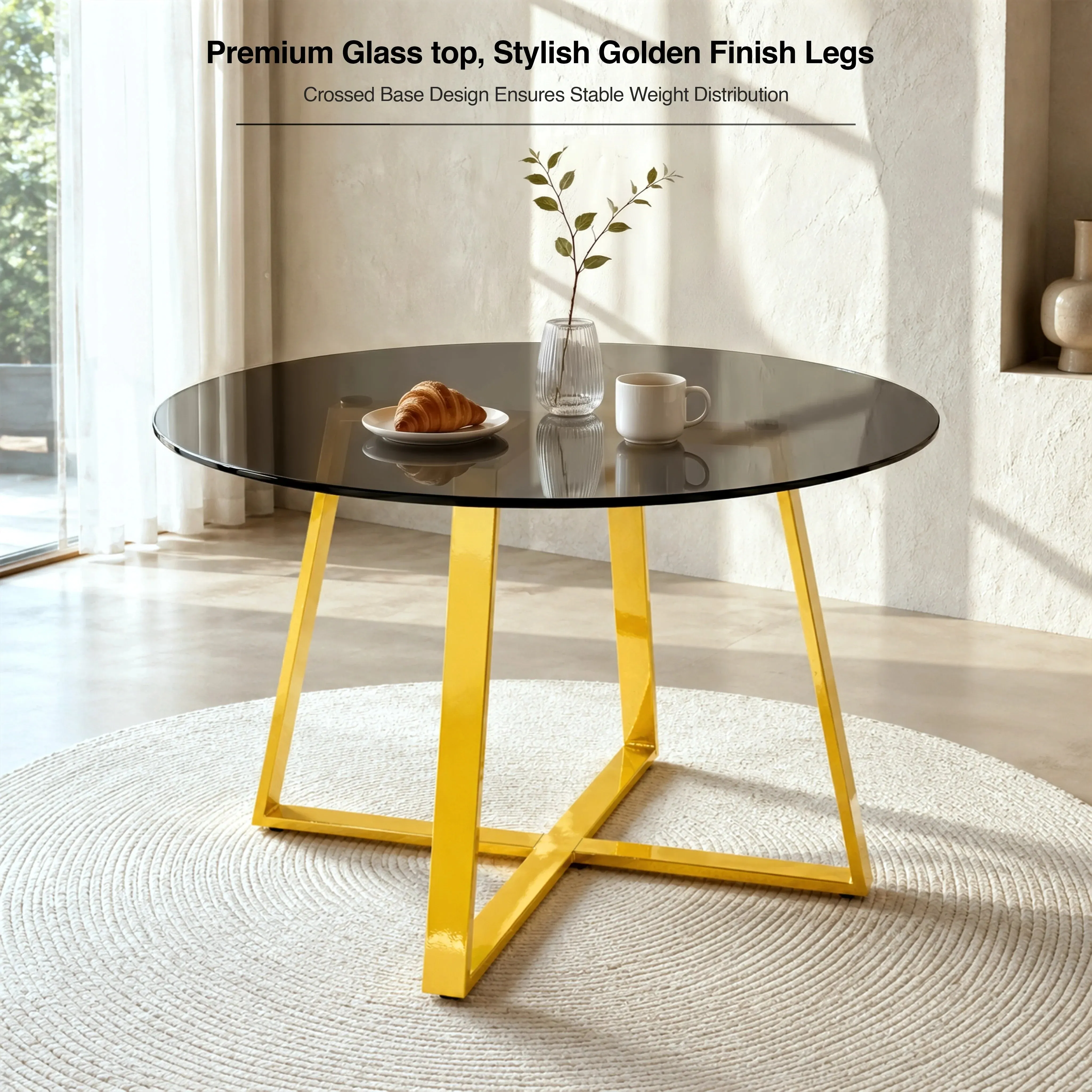 Kyvon Round Dining Table and 4 Chairs - Smoked Glass, Gold alternate view