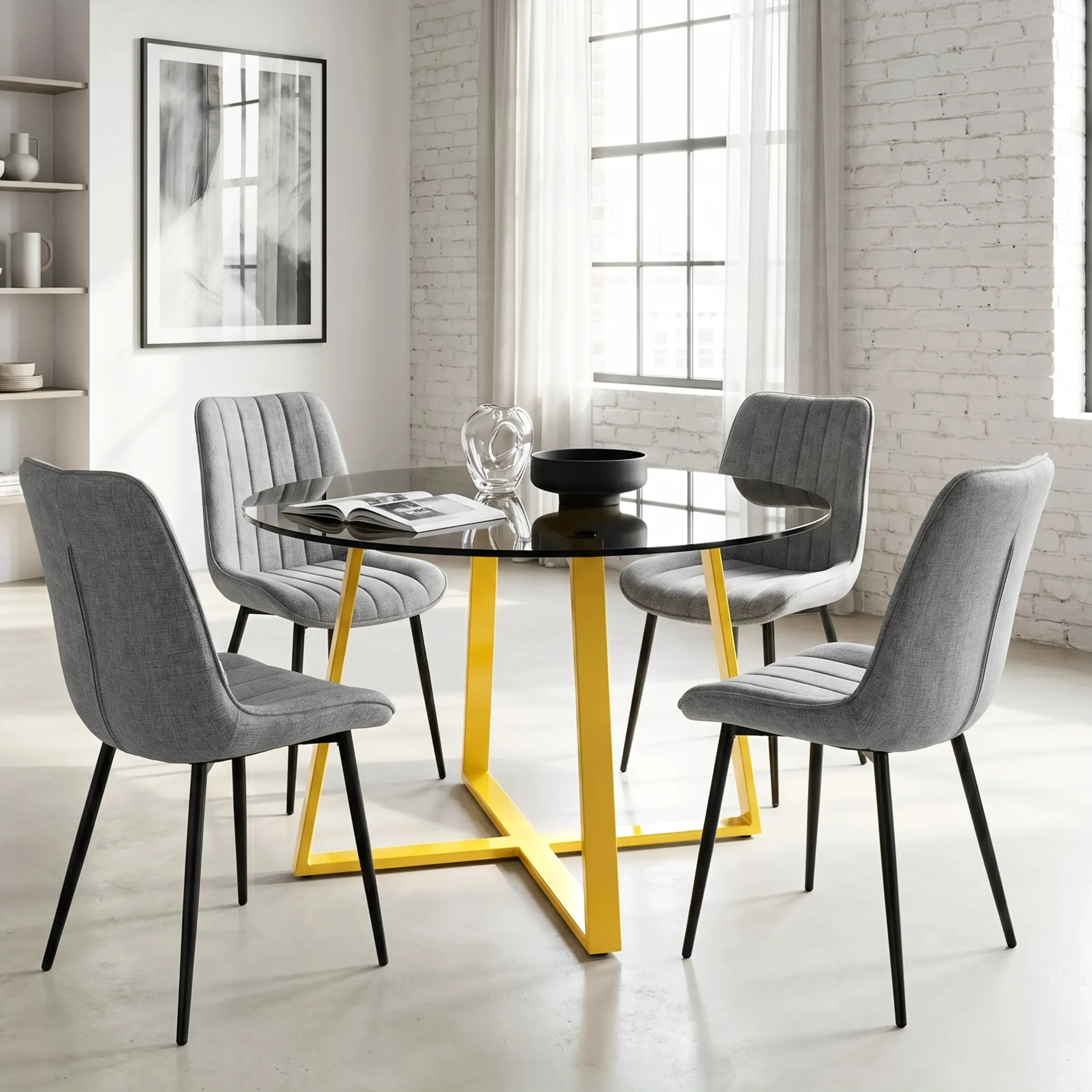 Kyvon Round Dining Table and 4 Chairs - Smoked Glass, Gold product