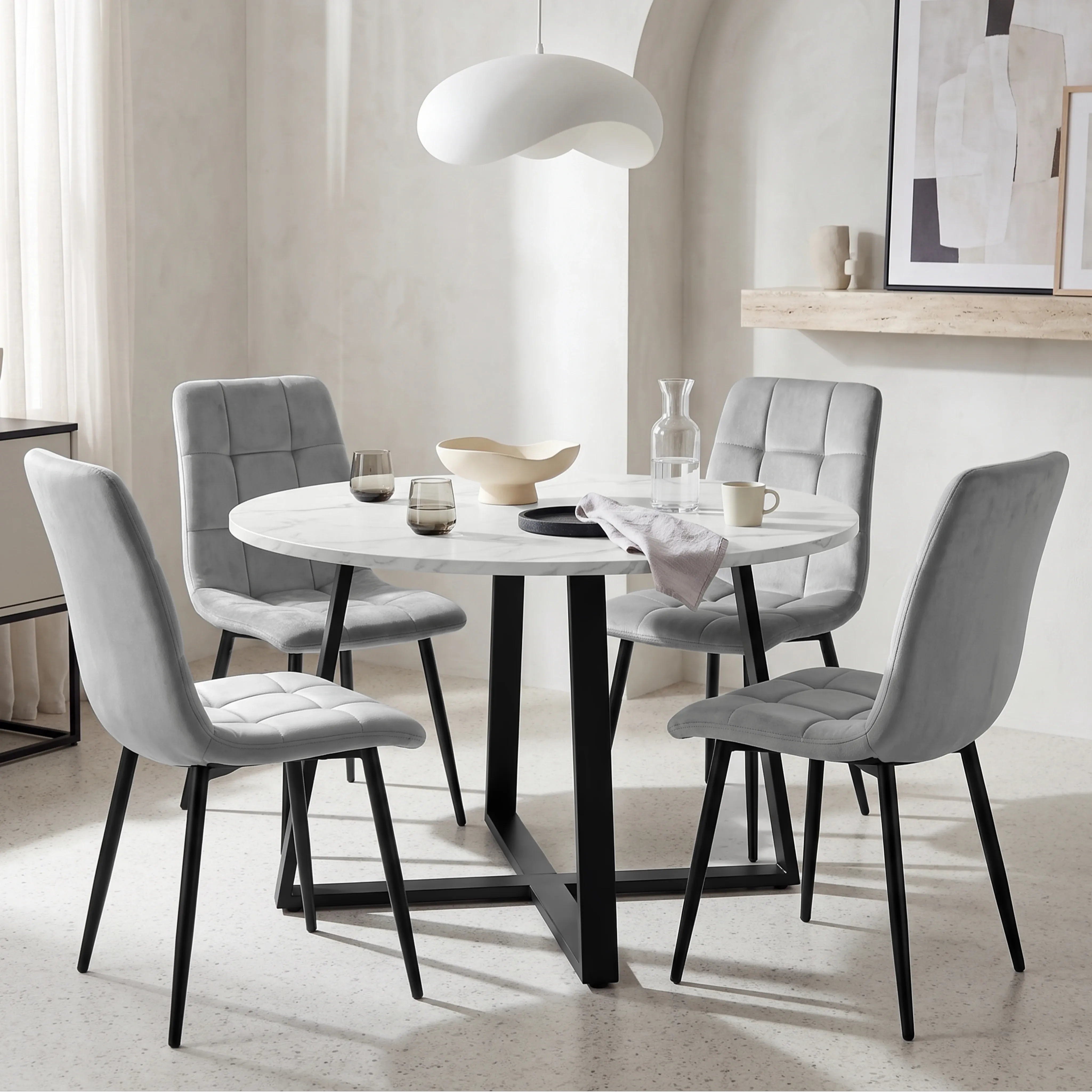 Kyvon Round Dining Table and 4 Chairs - White Marble Effect, Light Grey Velvet product