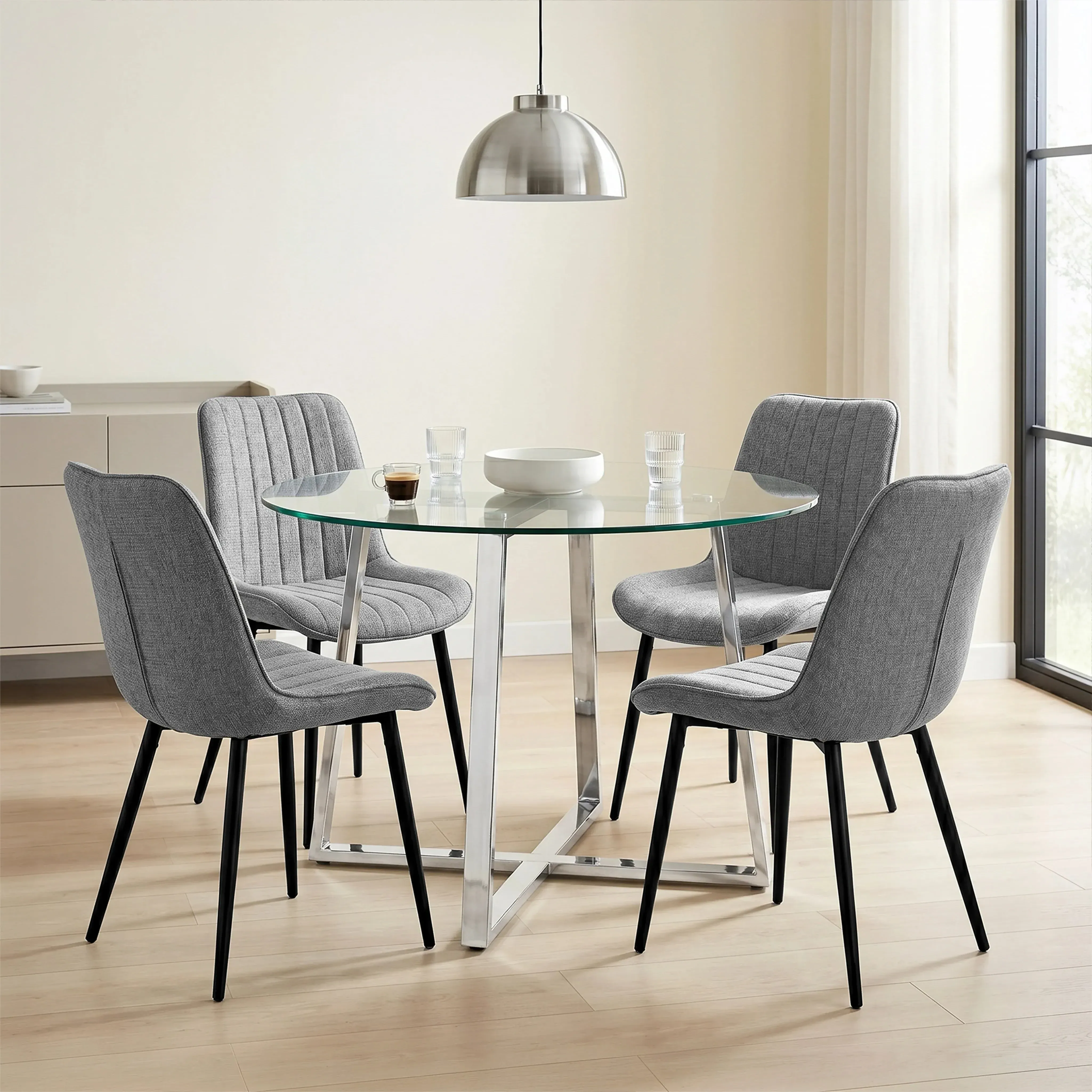Kyvon Round Dining Table and Chairs Set of 4 - Grey, Glass product