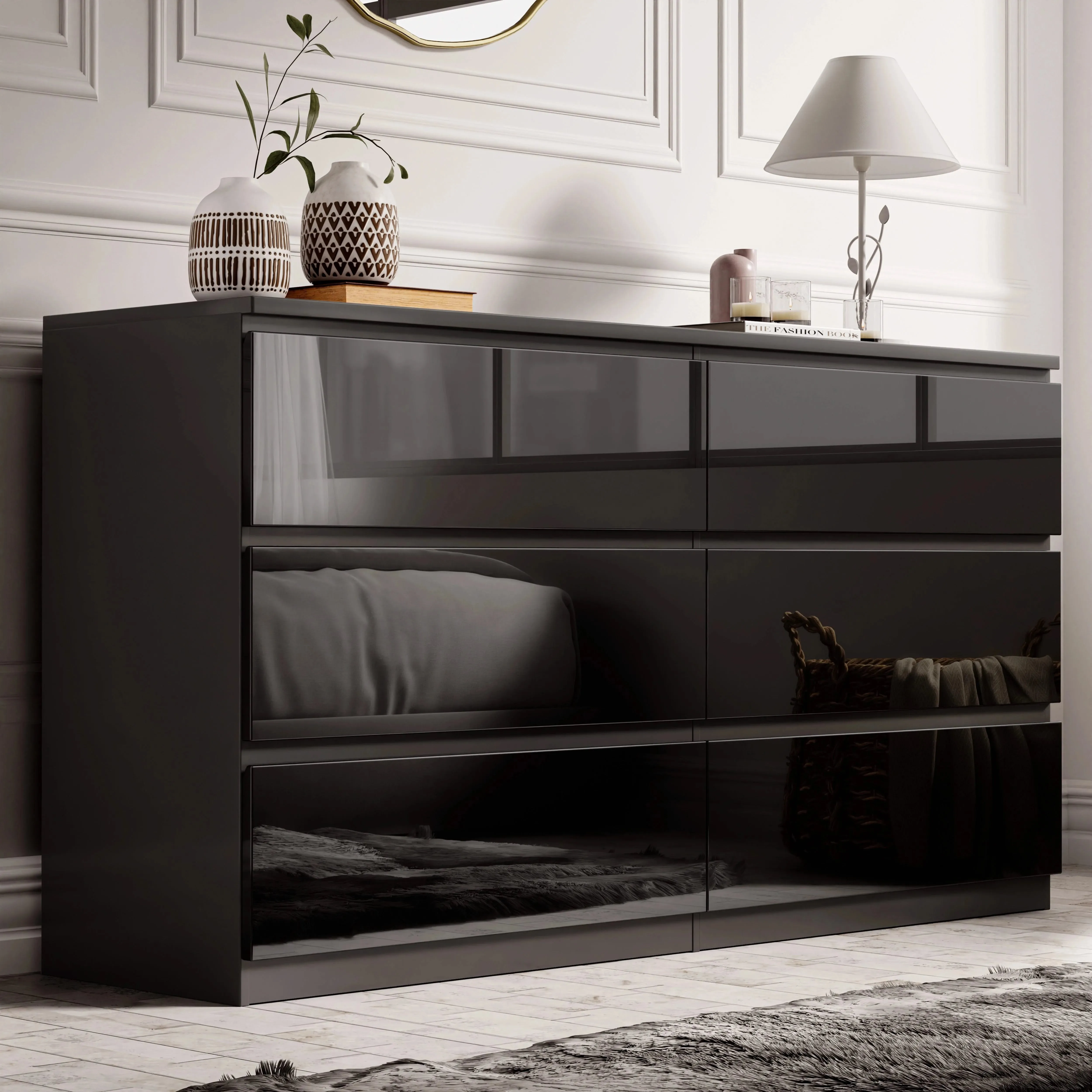 Large 6 Drawer Chest of Drawers Handleless - Black, High Gloss product