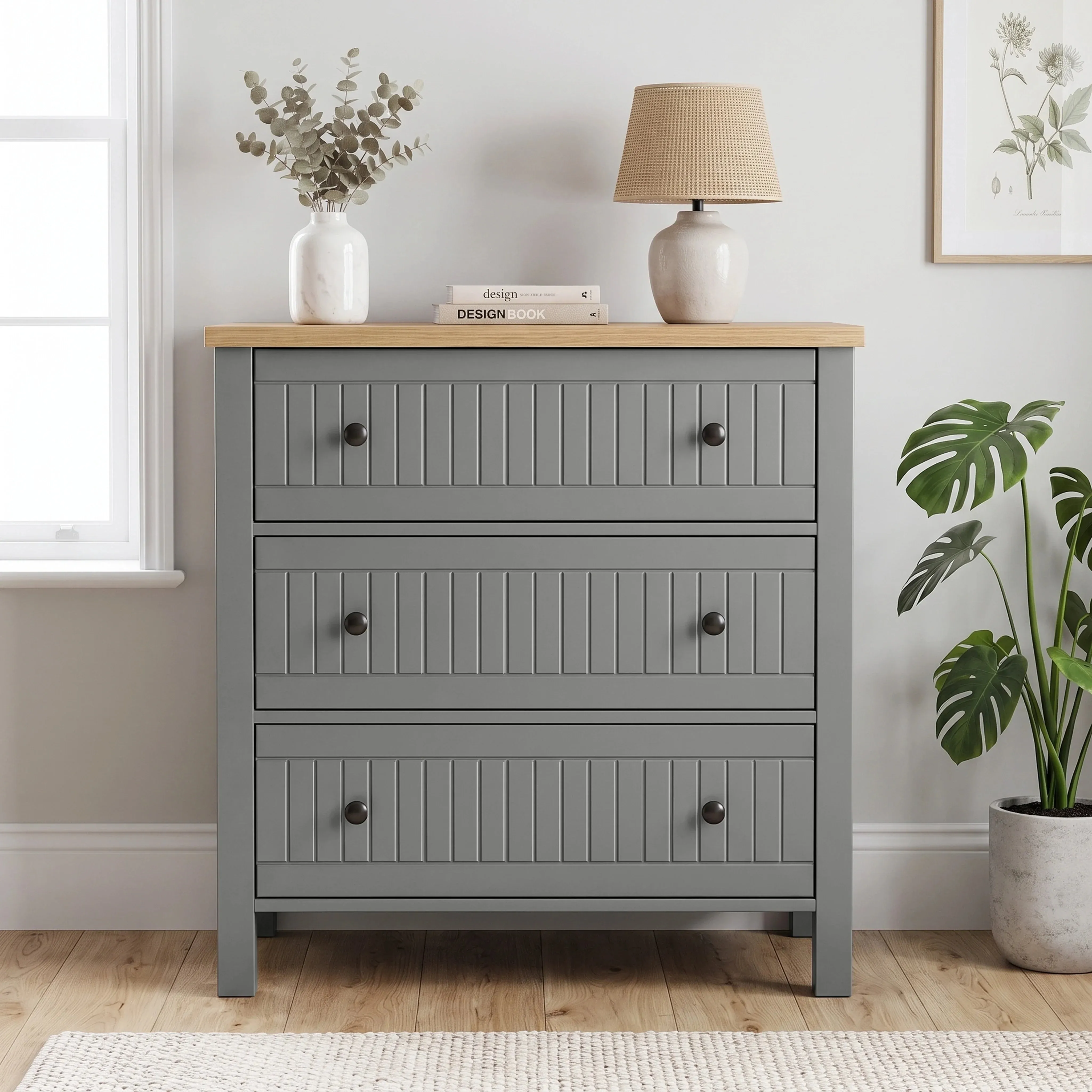 Linra 3 Drawer Chest of Drawers with Oak Top - Grey alternate view
