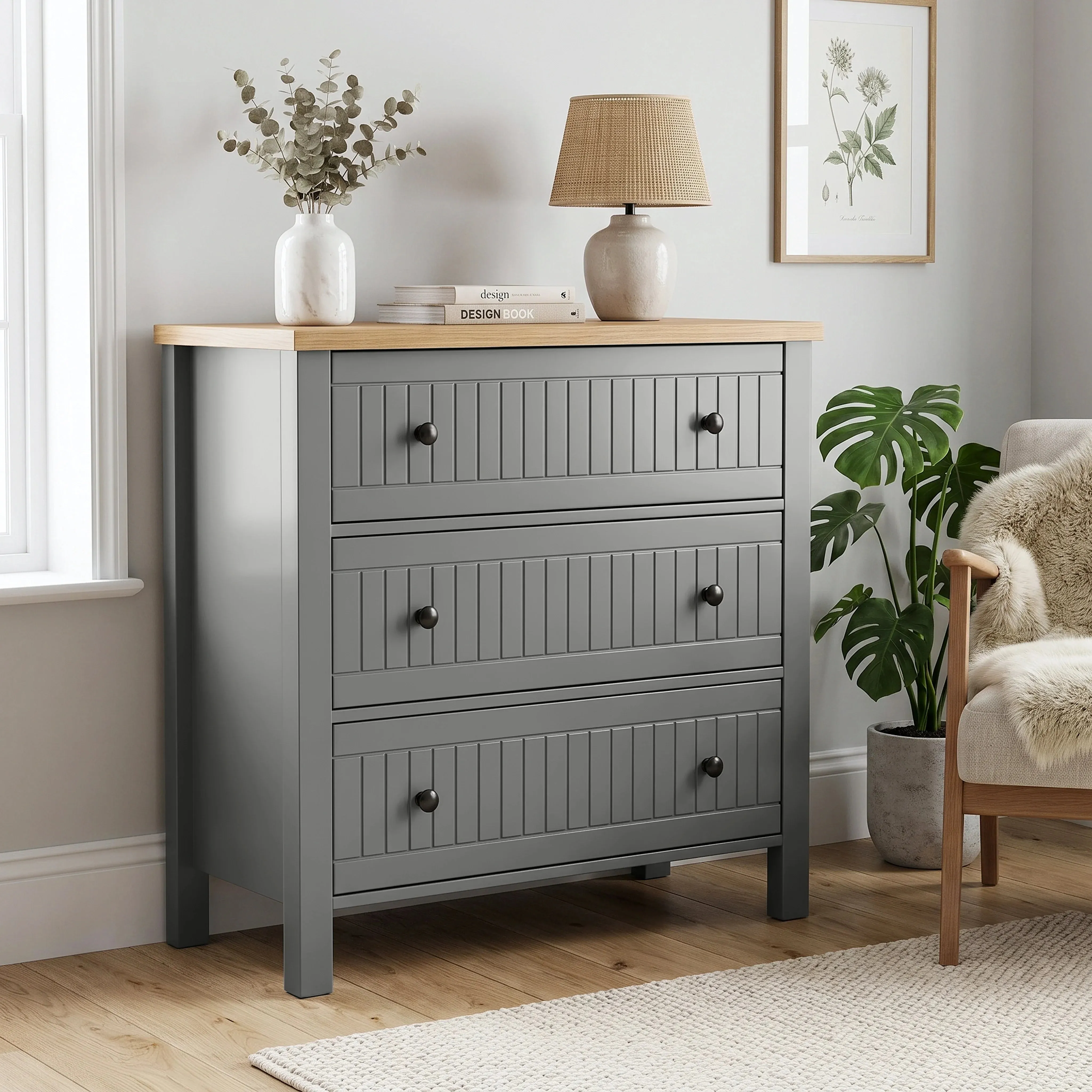 Linra 3 Drawer Chest of Drawers with Oak Top - Grey product