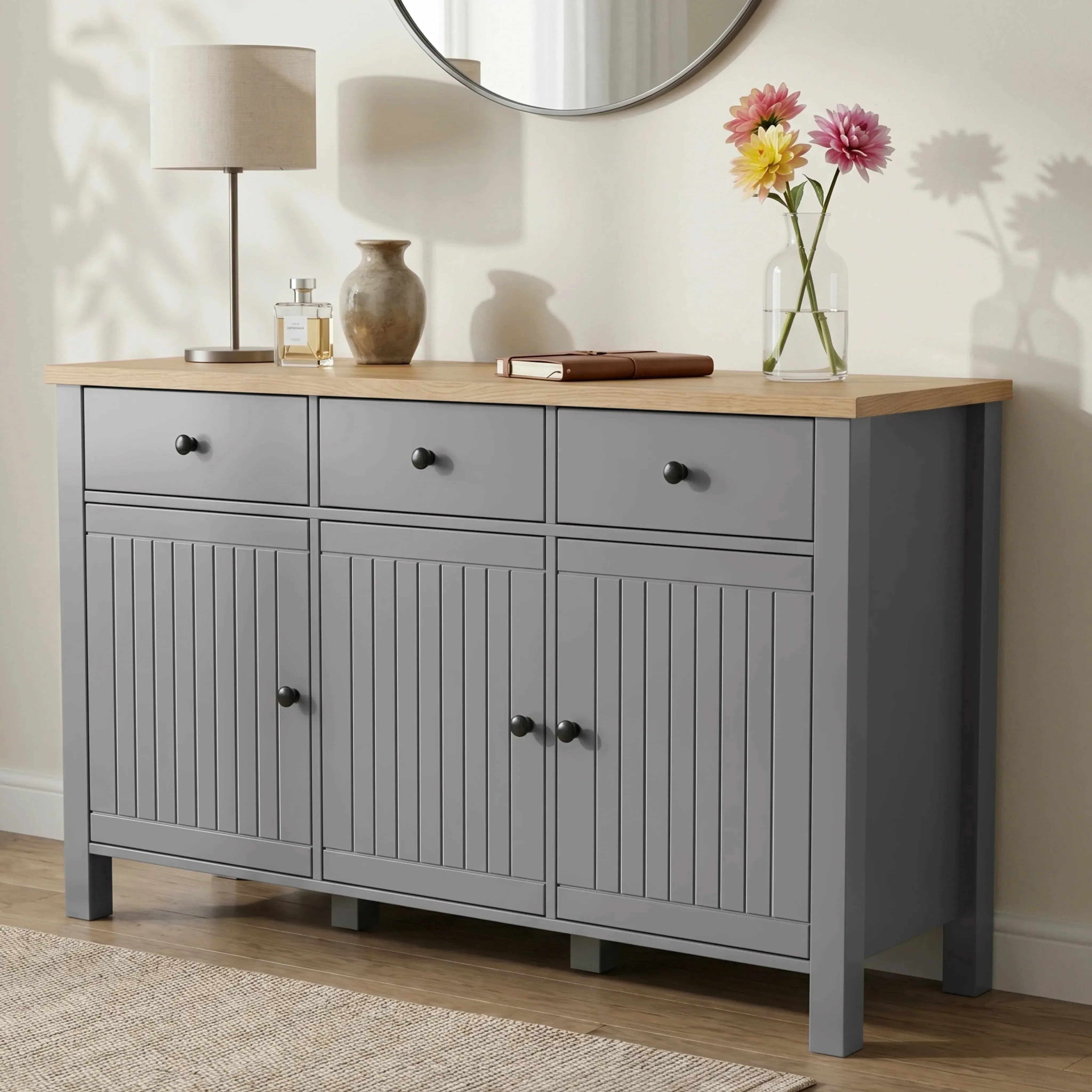 Linra Sideboard Cabinet with Drawers - Grey, Oak Veneer alternate view
