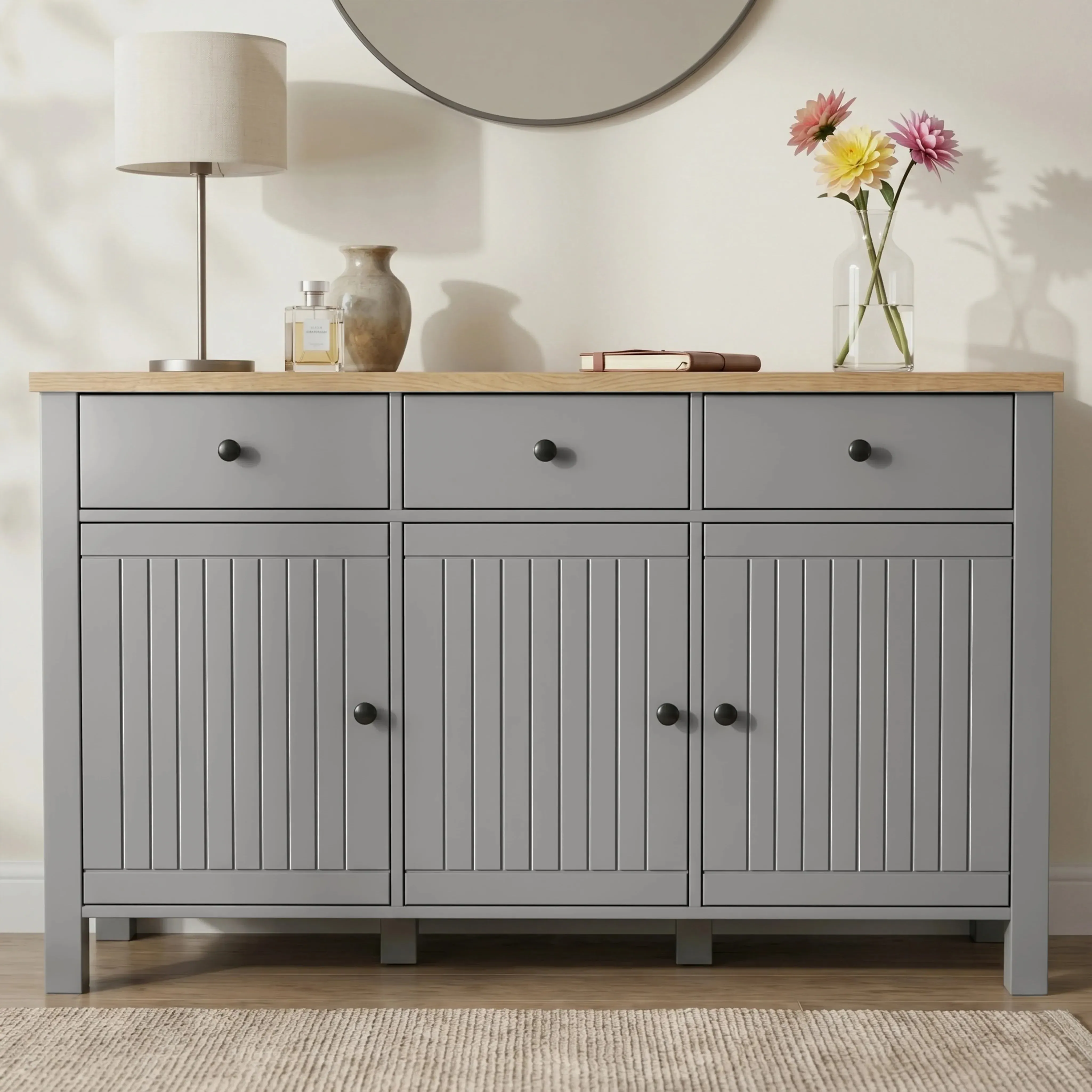 Linra Sideboard Cabinet with Drawers - Grey, Oak Veneer product