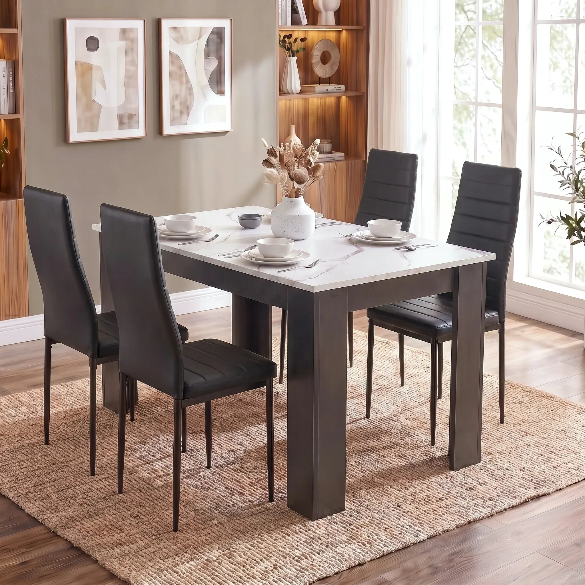 Marble Effect 4-Seater Dining Table and Chairs Set - White, Black alternate view