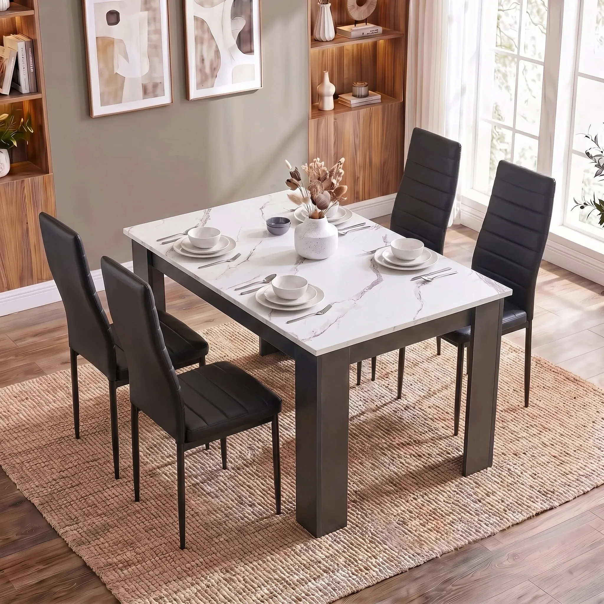 Marble Effect 4-Seater Dining Table and Chairs Set - White, Black product