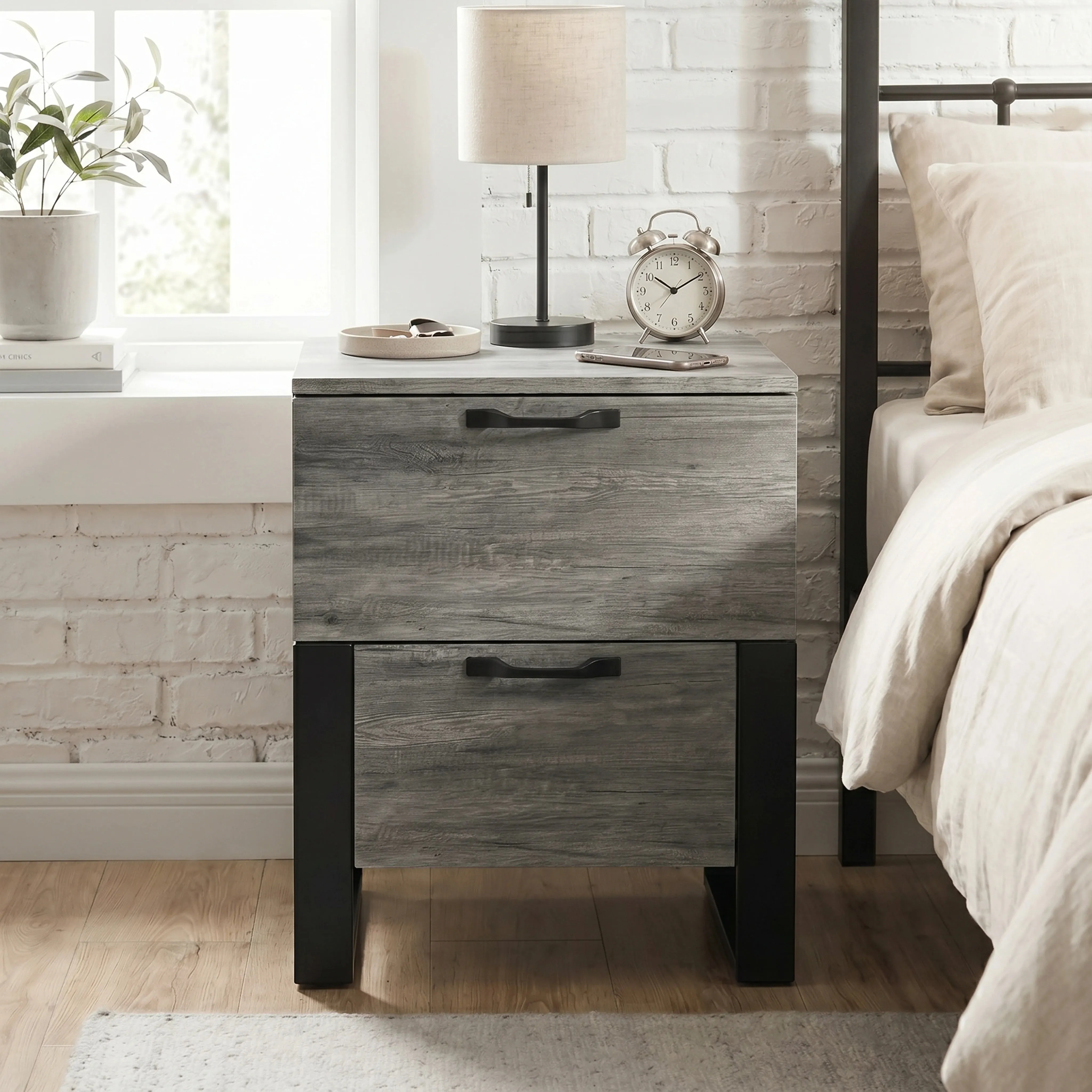 Millwright 2 Drawer Bedside Table - Grey, Wood Effect alternate view