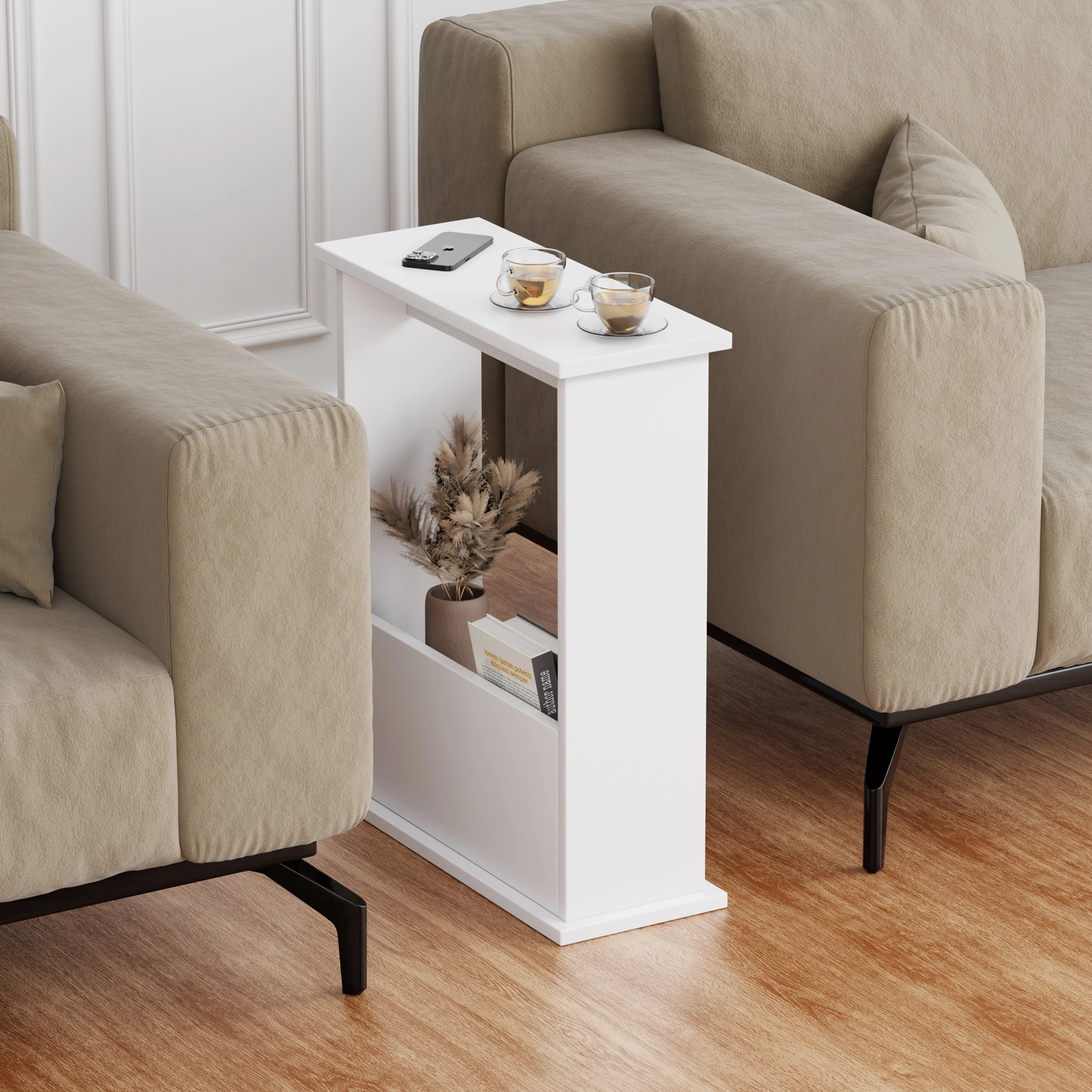 Narrow Side Table with Storage - White, Engineered Wood alternate view
