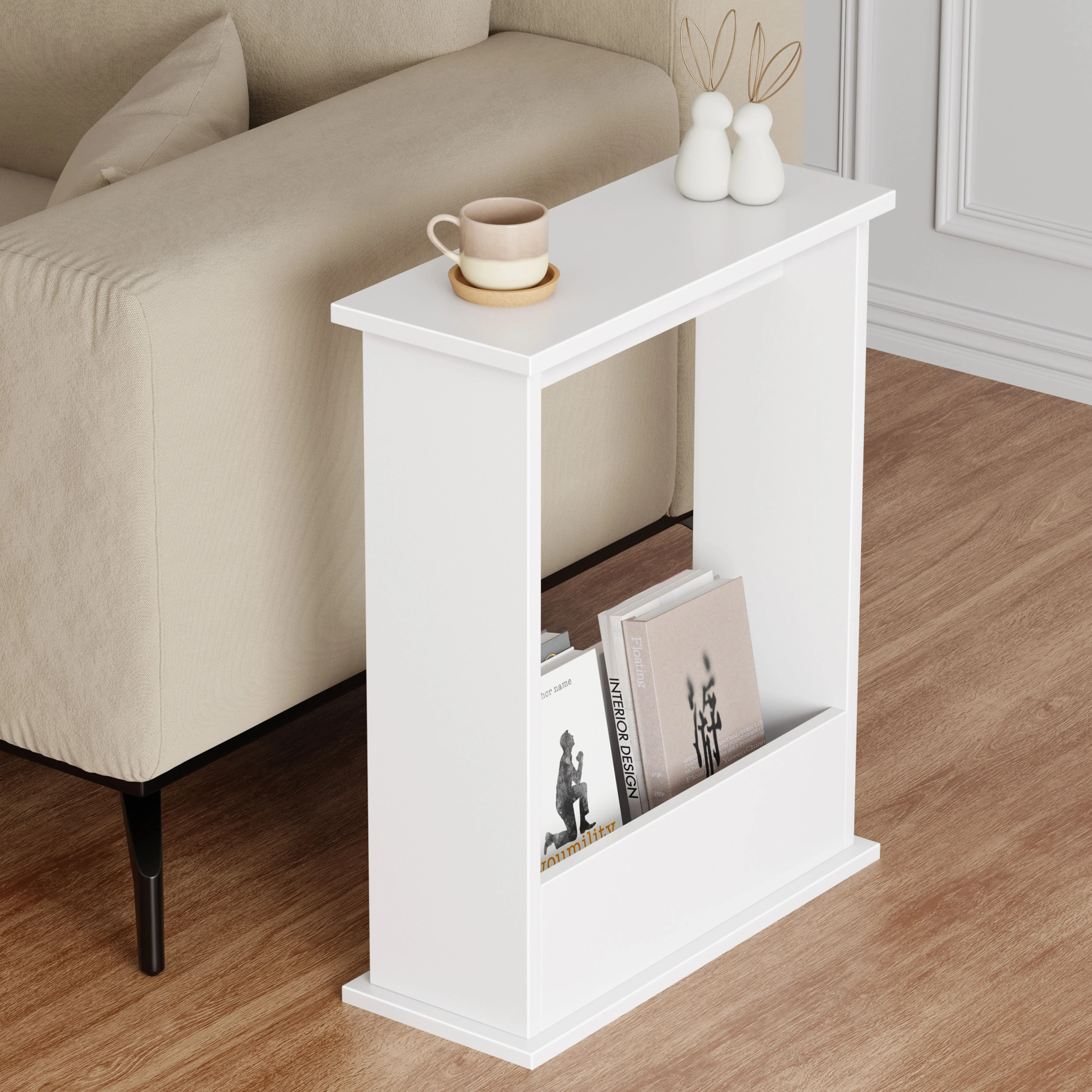 Narrow Side Table with Storage - White, Engineered Wood product