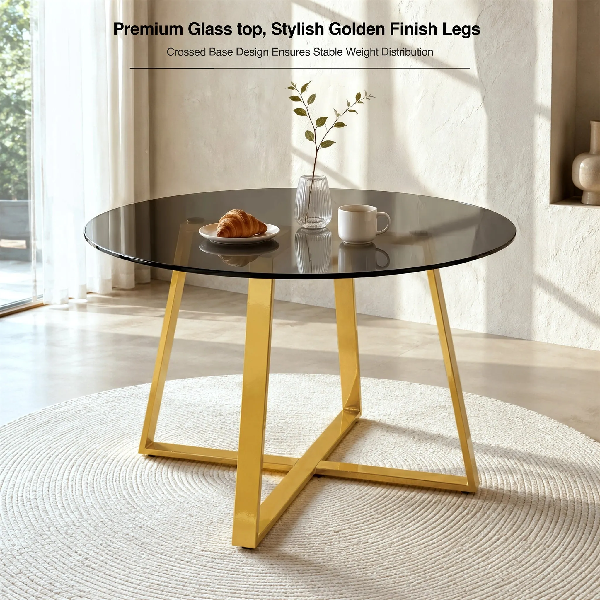 Round Dining Table - Smoked Glass, Gold-Finish Iron alternate view