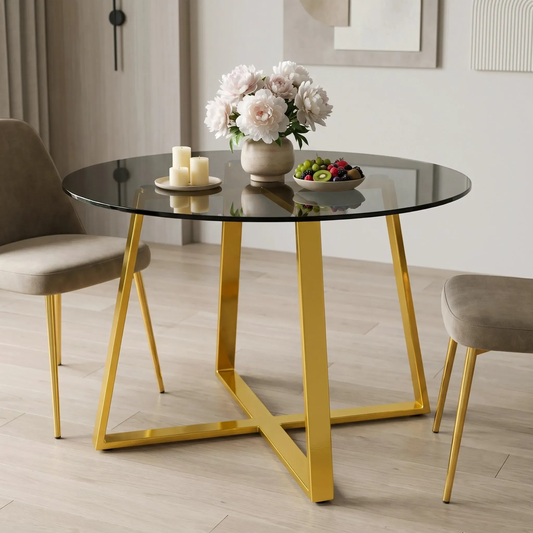 Round Dining Table - Smoked Glass, Gold-Finish Iron product