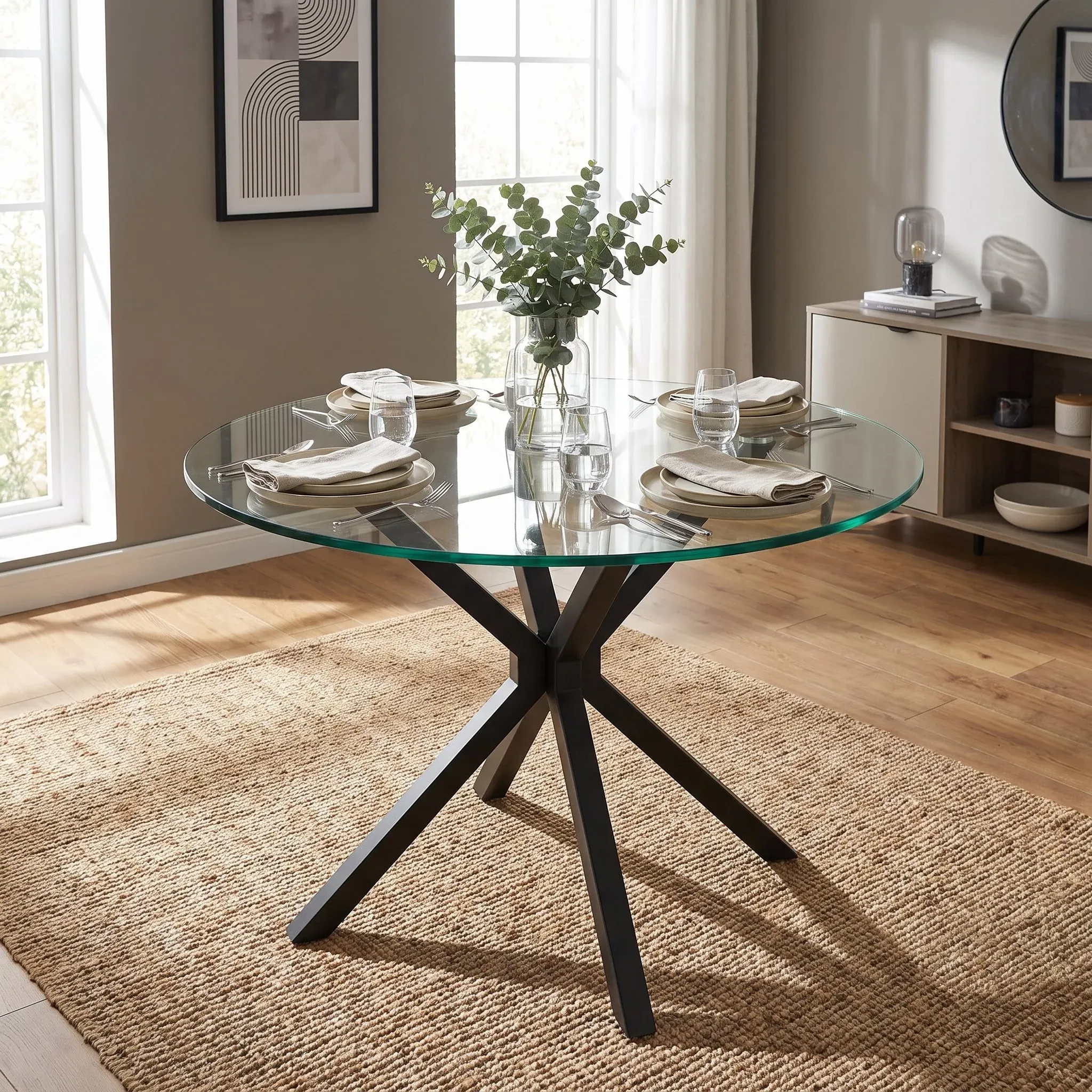 Round Dining Table with Black Iron Legs - Glass product