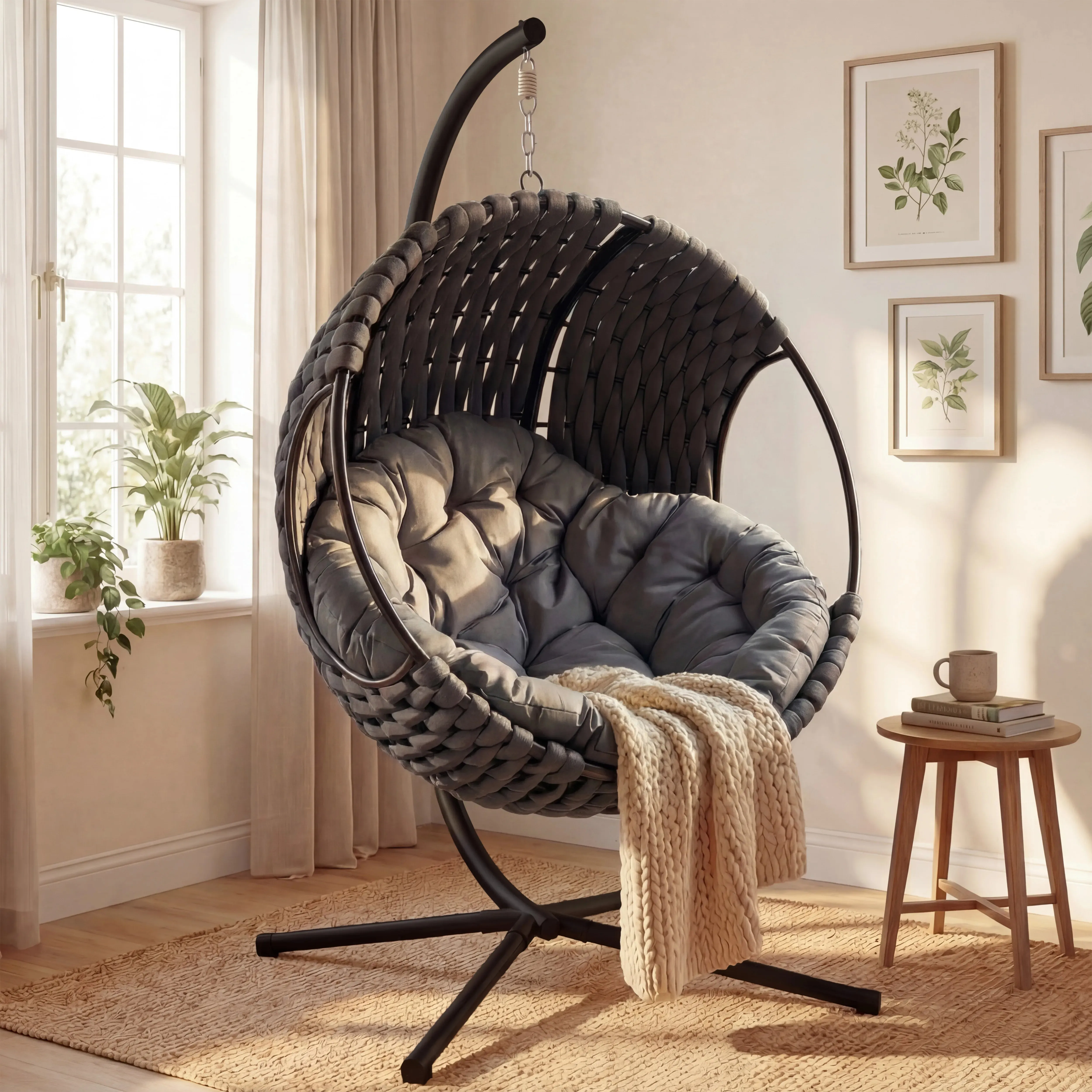 Round Hanging Egg Chair with Stand and Cushion - Grey alternate view