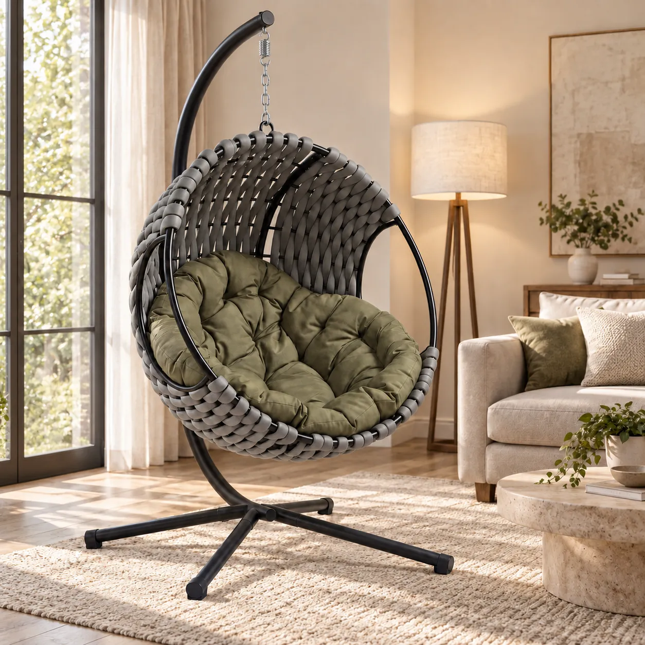 Round Hanging Egg Chair with Stand and Cushion - Grey product