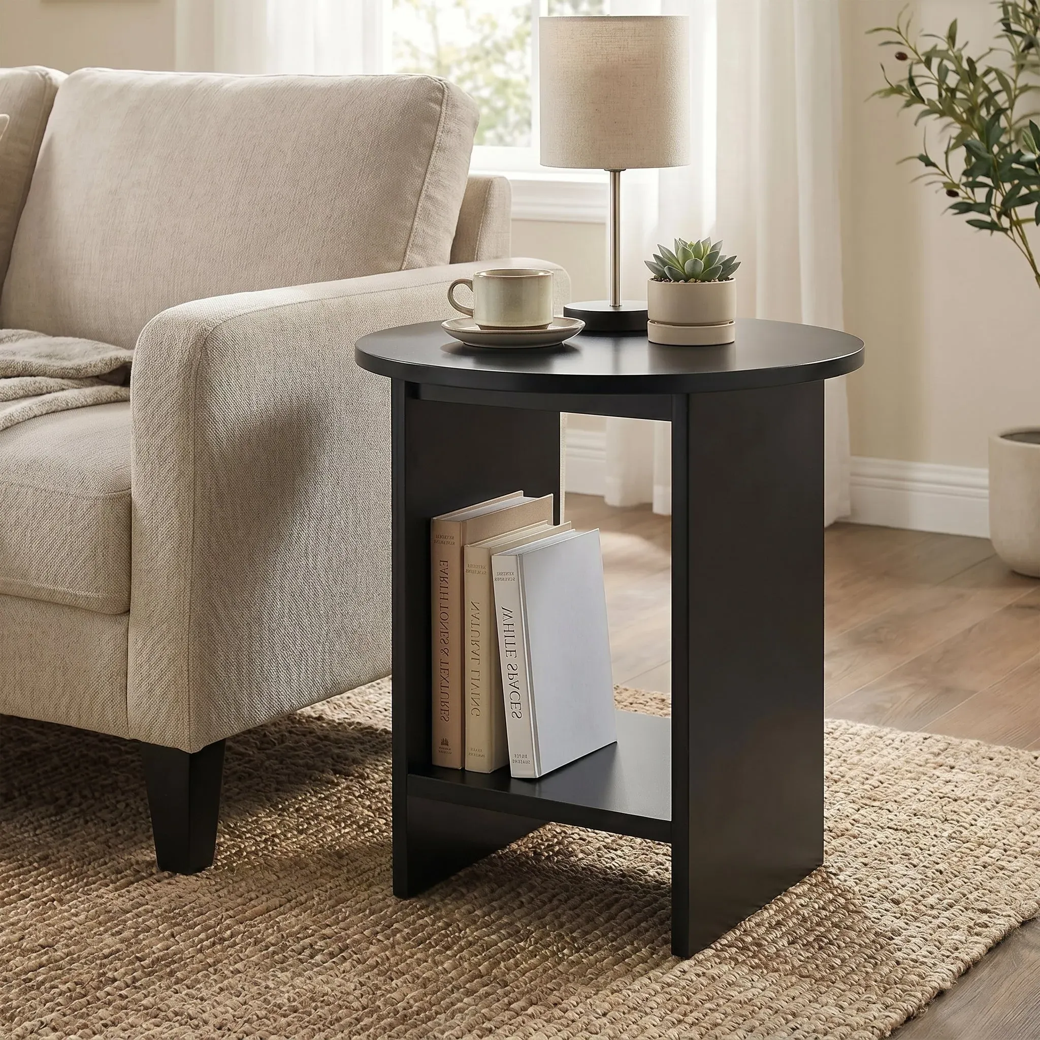 Round Side Table with Shelf - Black, Engineered Wood product