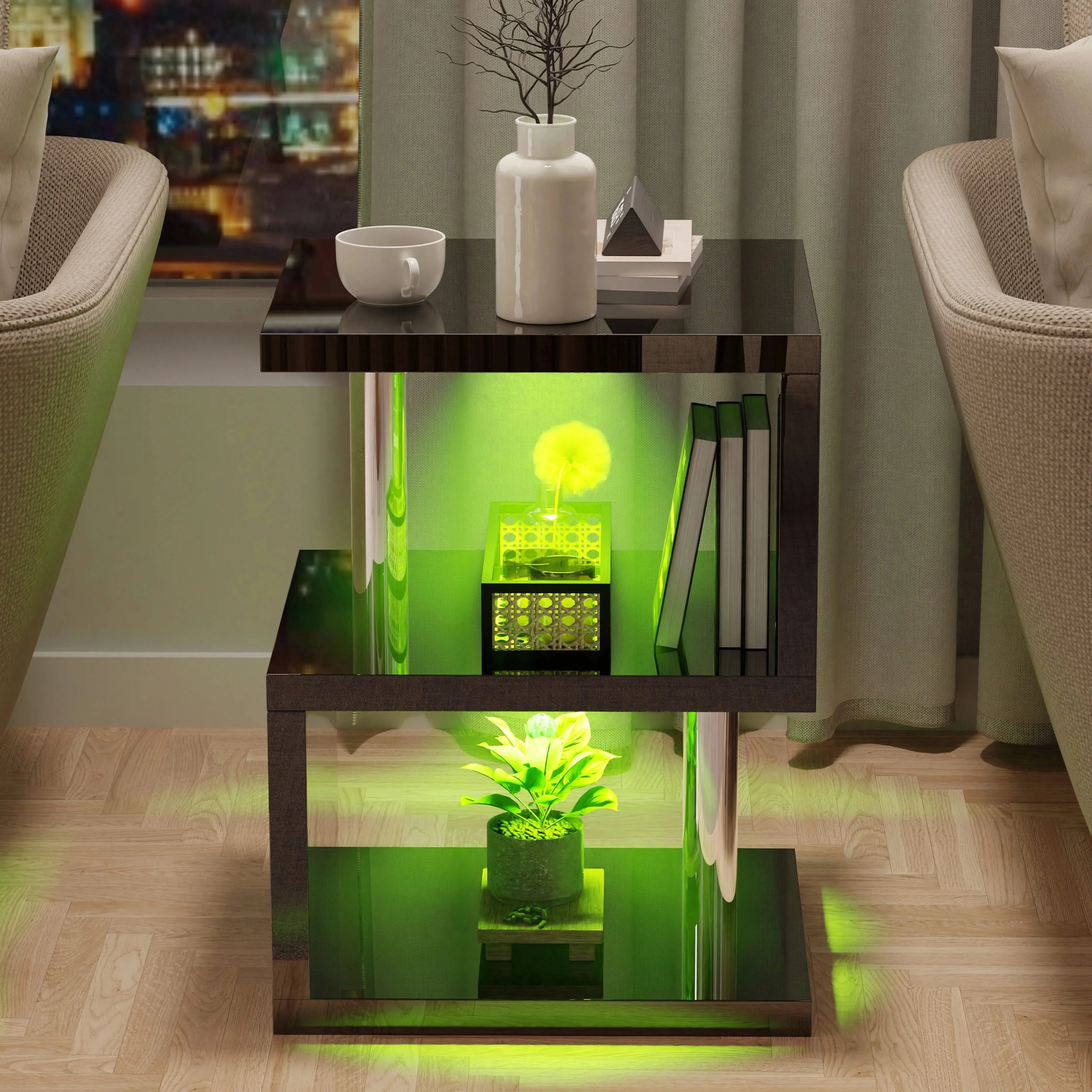 S-Shape LED Side Table with Storage - Black, High Gloss alternate view