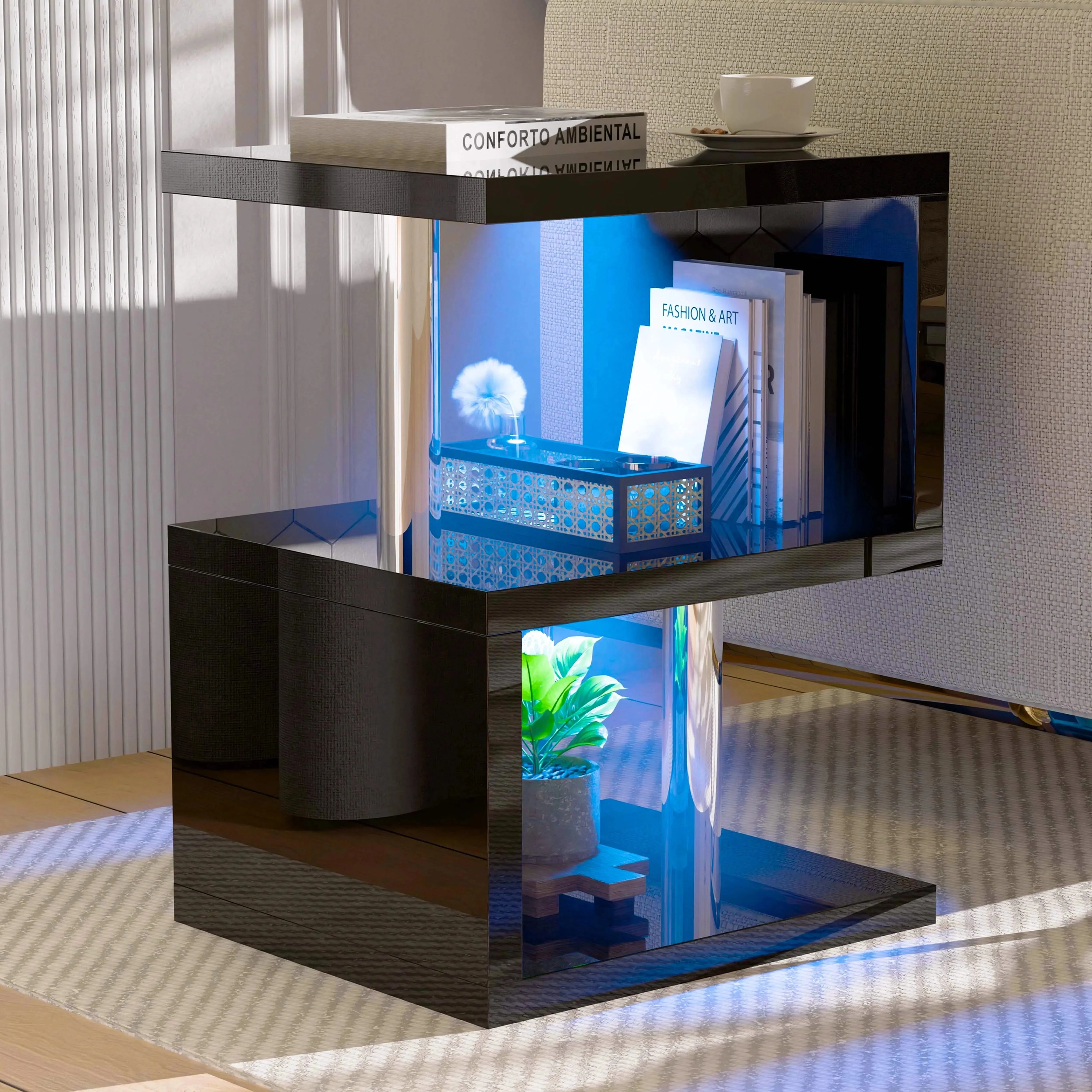 S-Shape LED Side Table with Storage - Black, High Gloss product