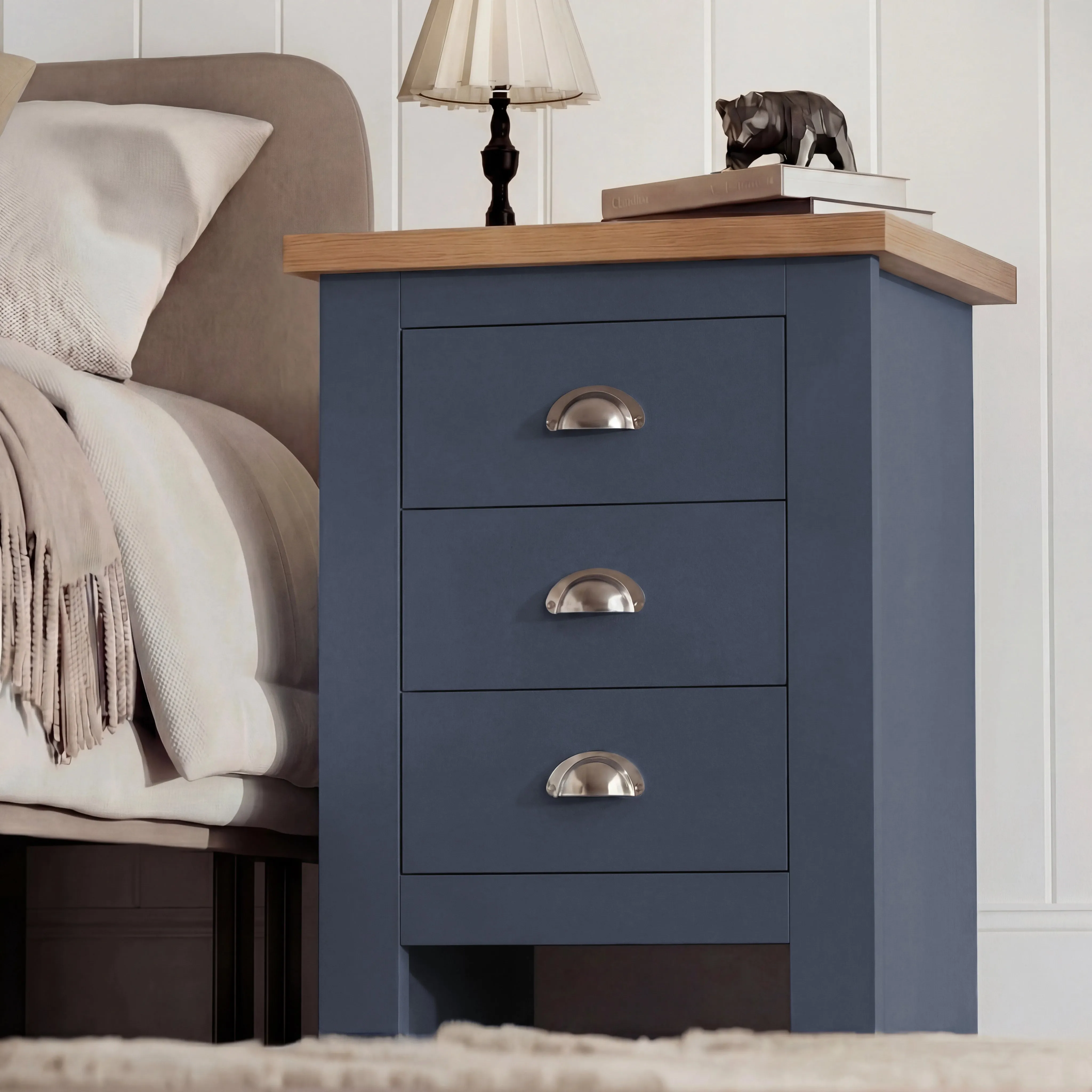 Shaker 3 Drawer Bedside Table with Oak Top - Blue alternate view