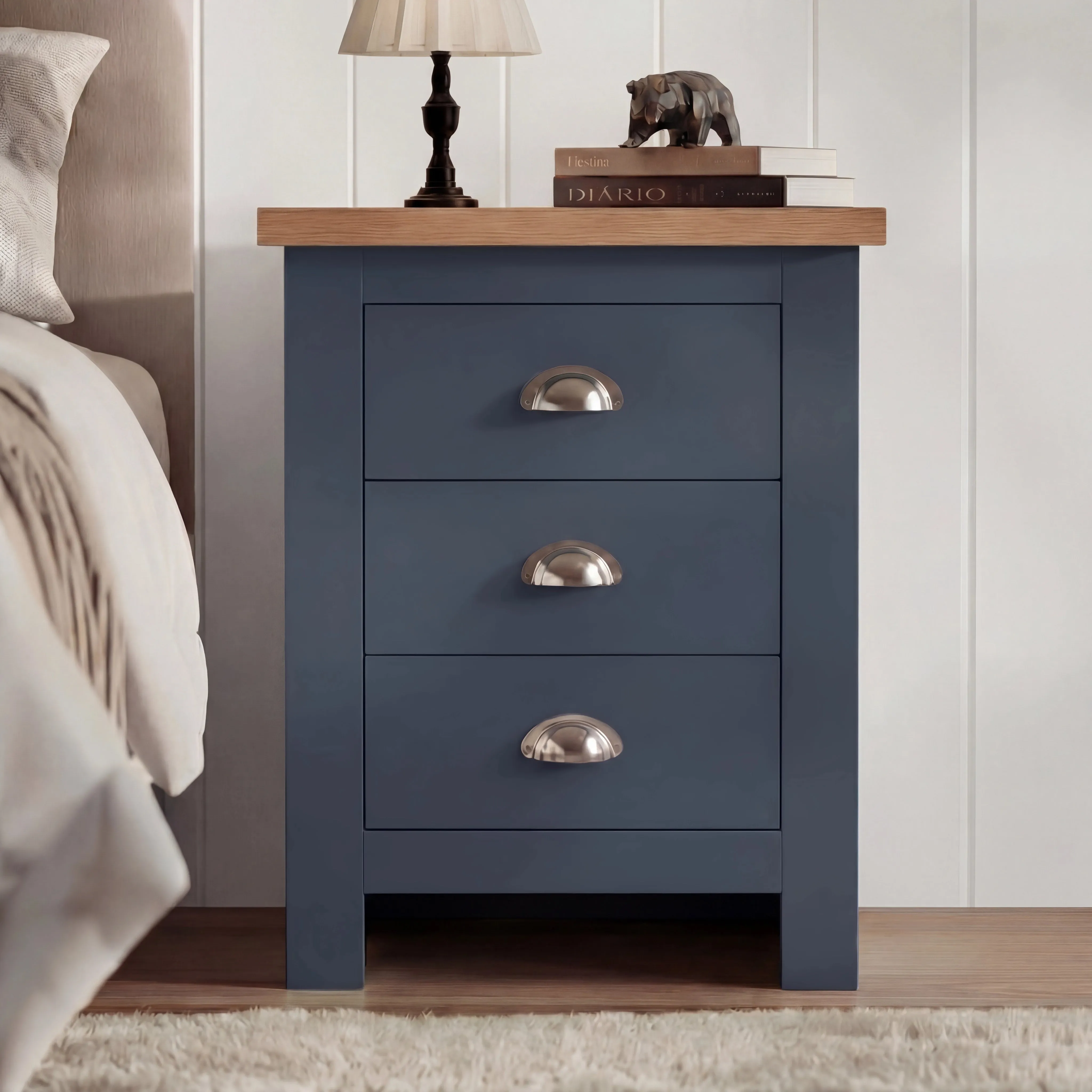Shaker 3 Drawer Bedside Table with Oak Top - Blue product