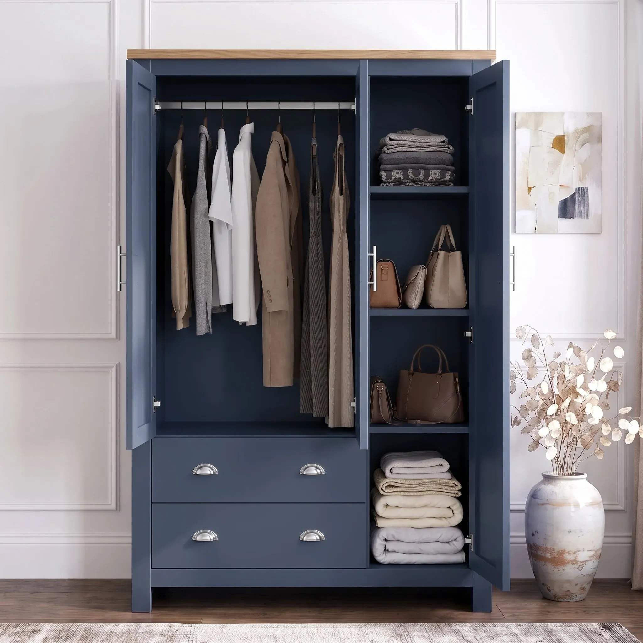 Shaker Triple Wardrobe with Drawers and Shelves - Blue alternate view