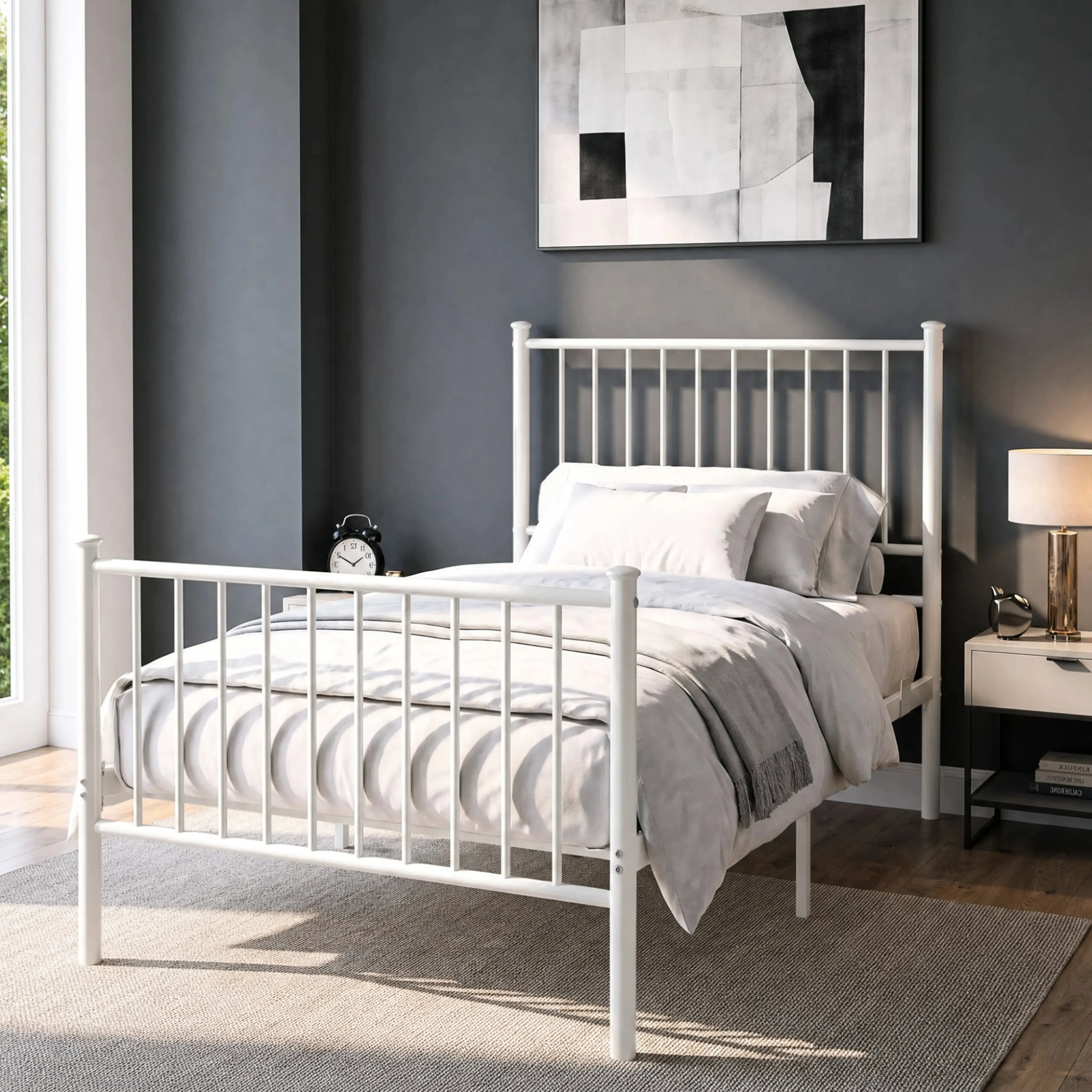 Single Metal Bed Frame with High Headboard - White product