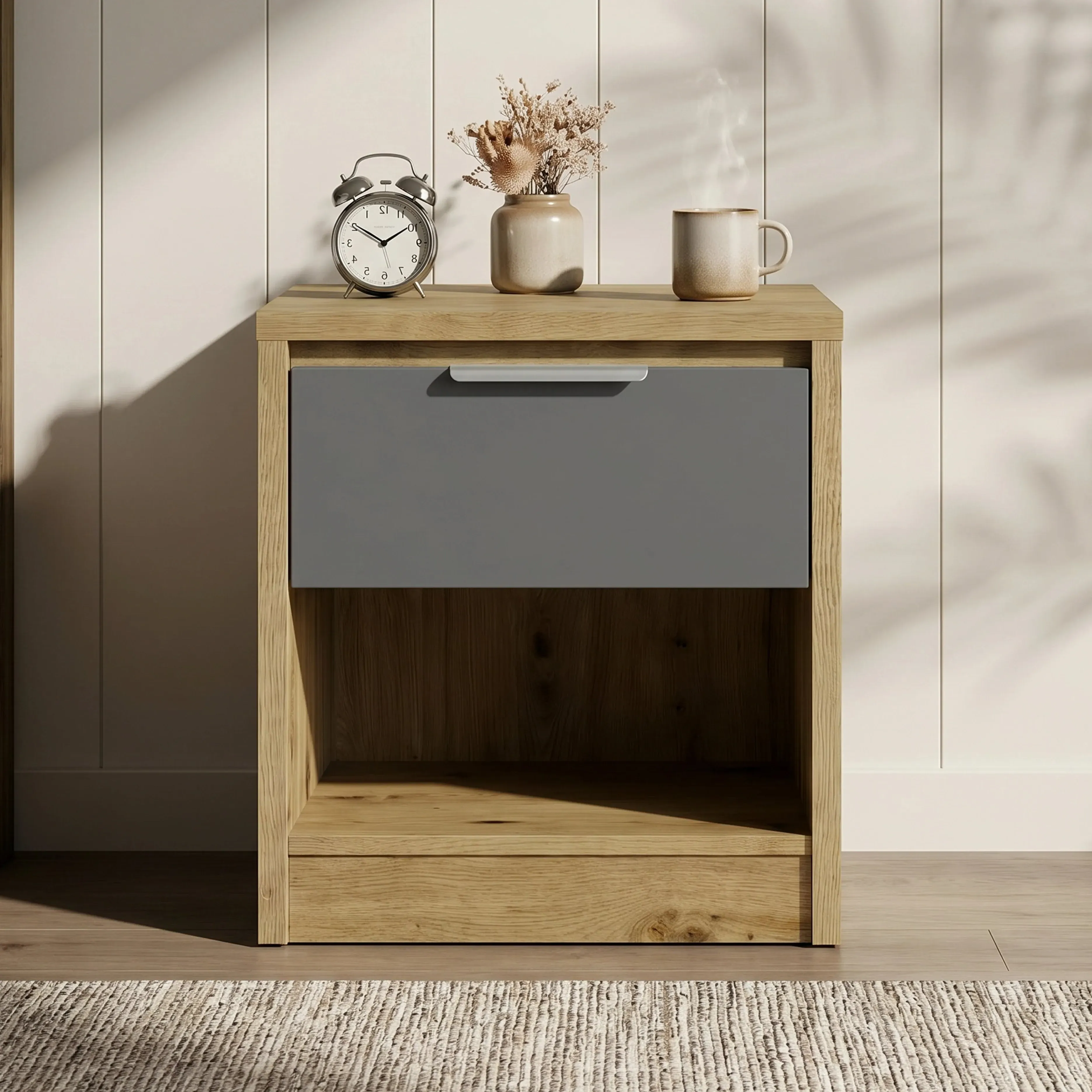 Skova Bedside Table with Drawer & Shelf - Oak, Grey alternate view
