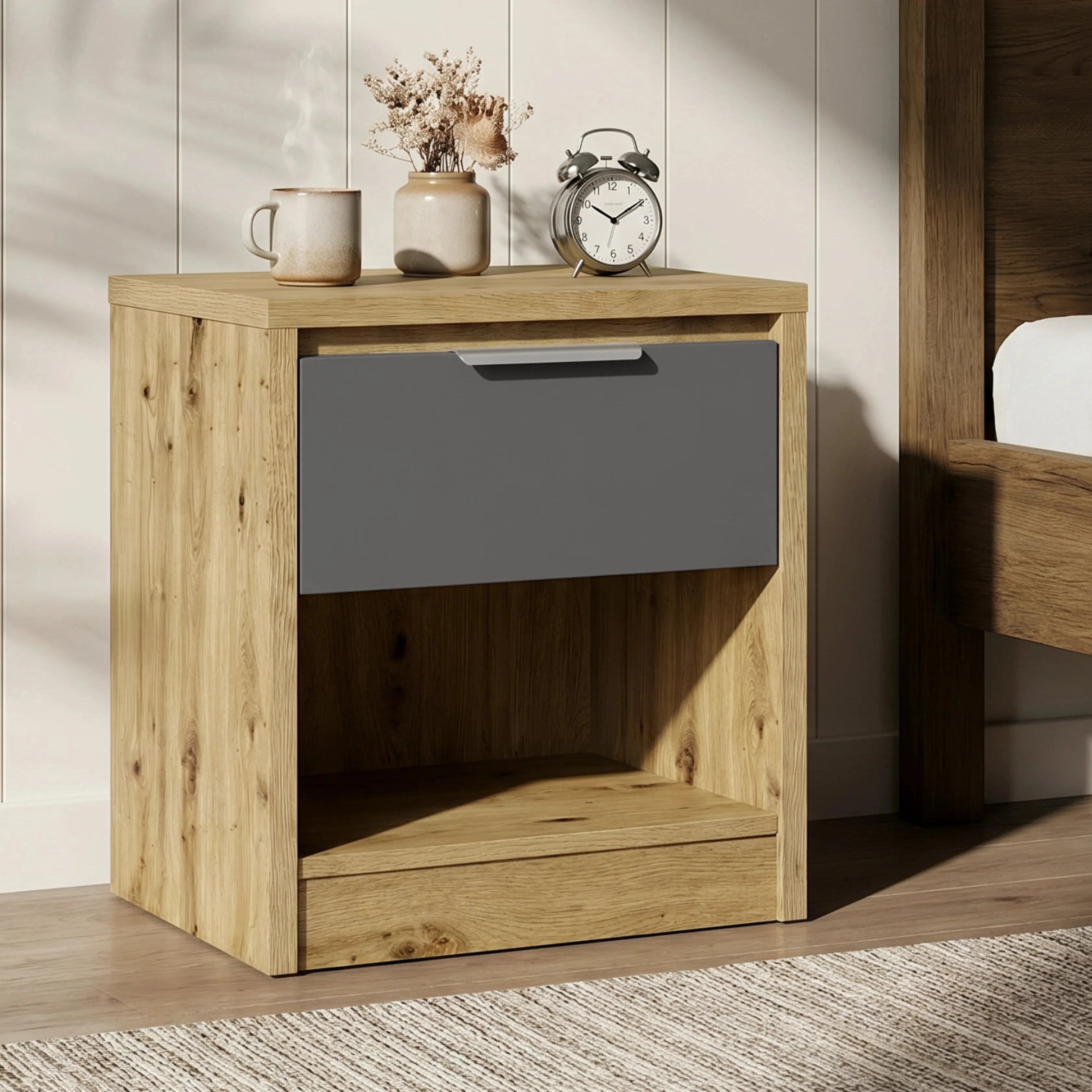Skova Bedside Table with Drawer & Shelf - Oak, Grey product