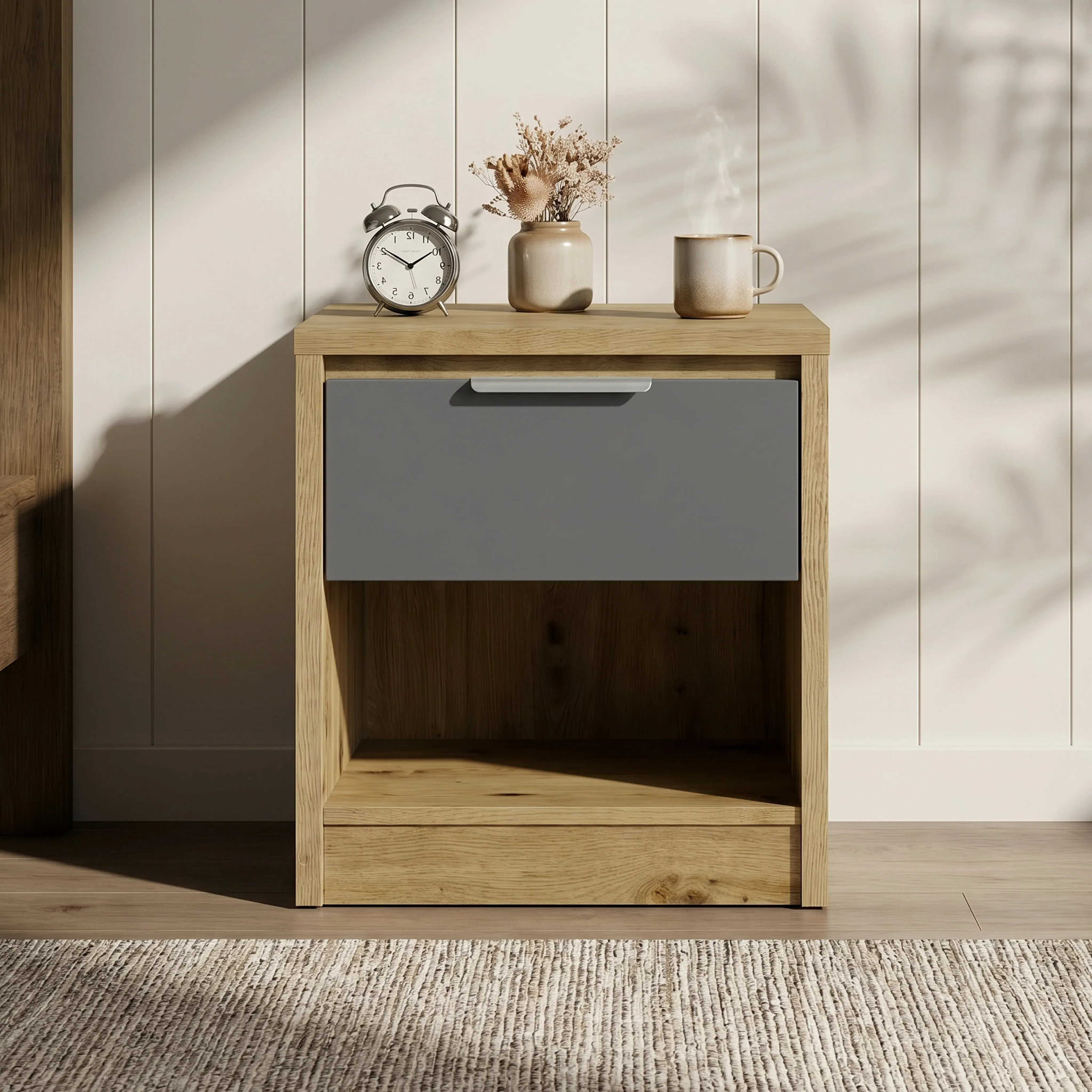 Skova Pair of Bedside Tables with Drawer - Oak, Grey alternate view