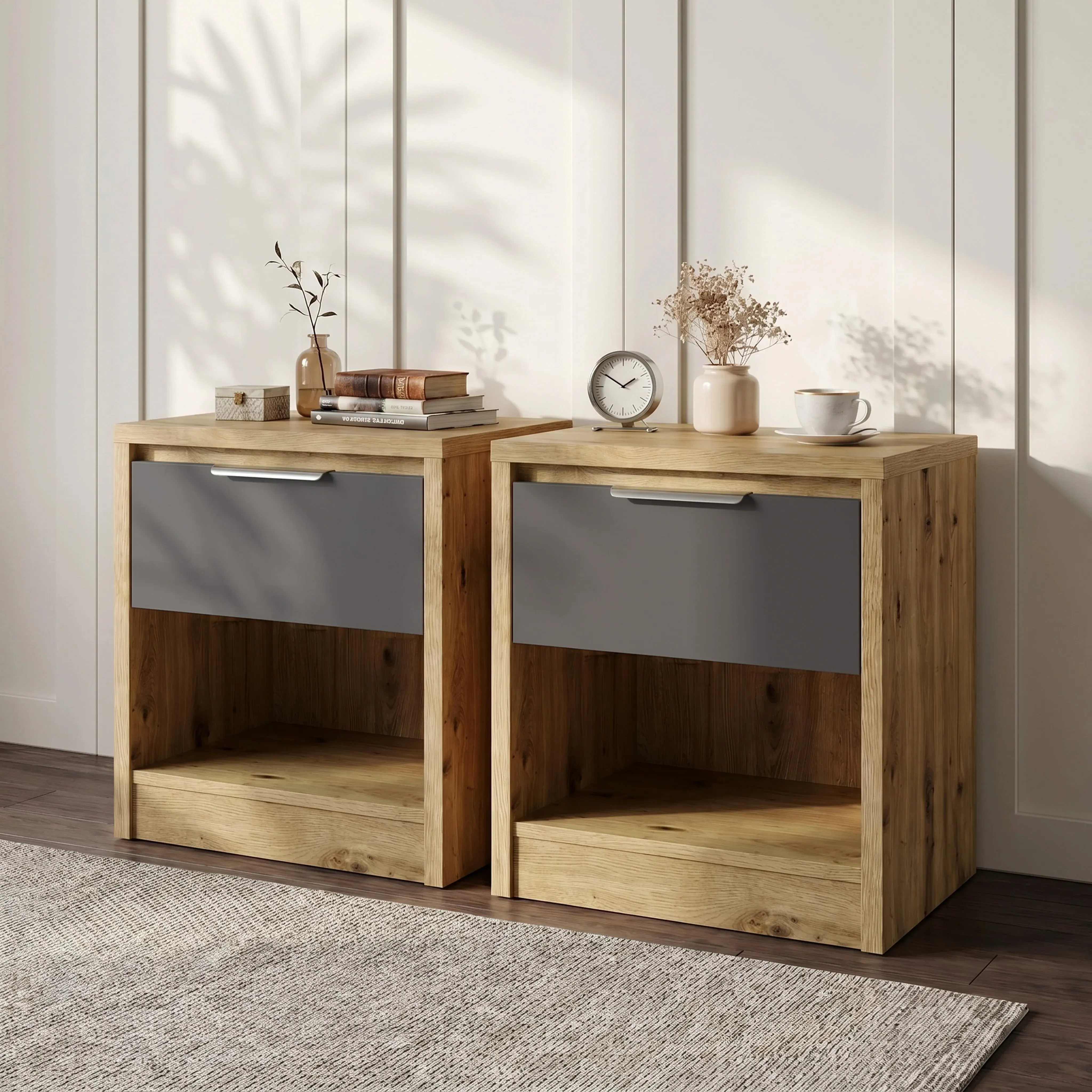 Skova Pair of Bedside Tables with Drawer - Oak, Grey product