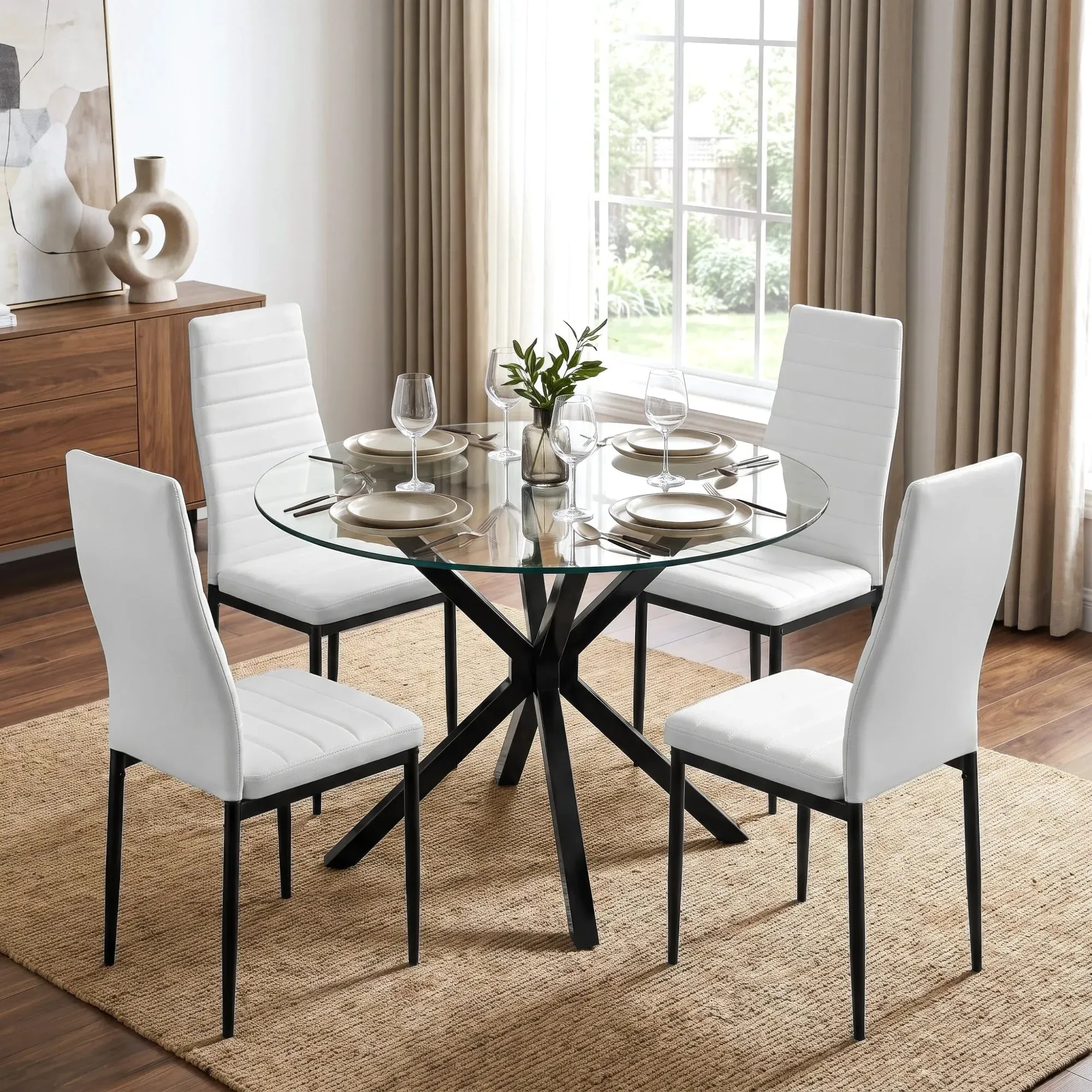 Skyra Round Dining Table and 4 Chairs Set - White, Glass product