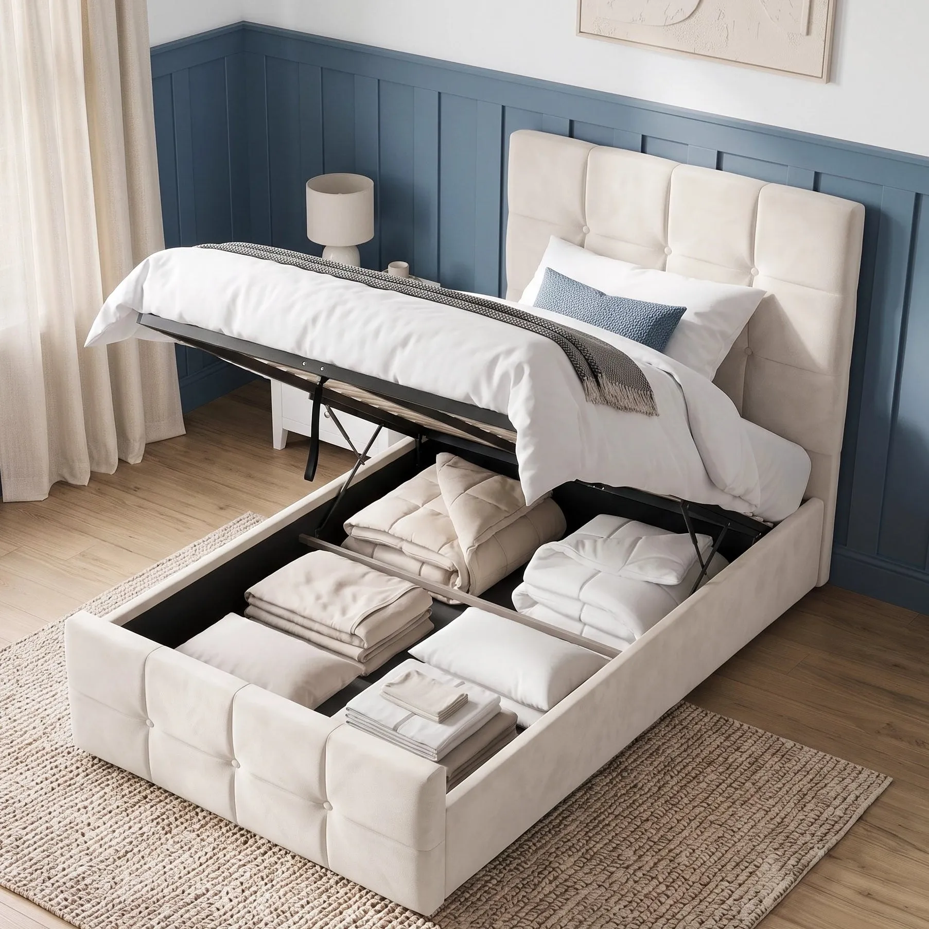 Square Single Ottoman Storage Bed - Beige, Velvet alternate view