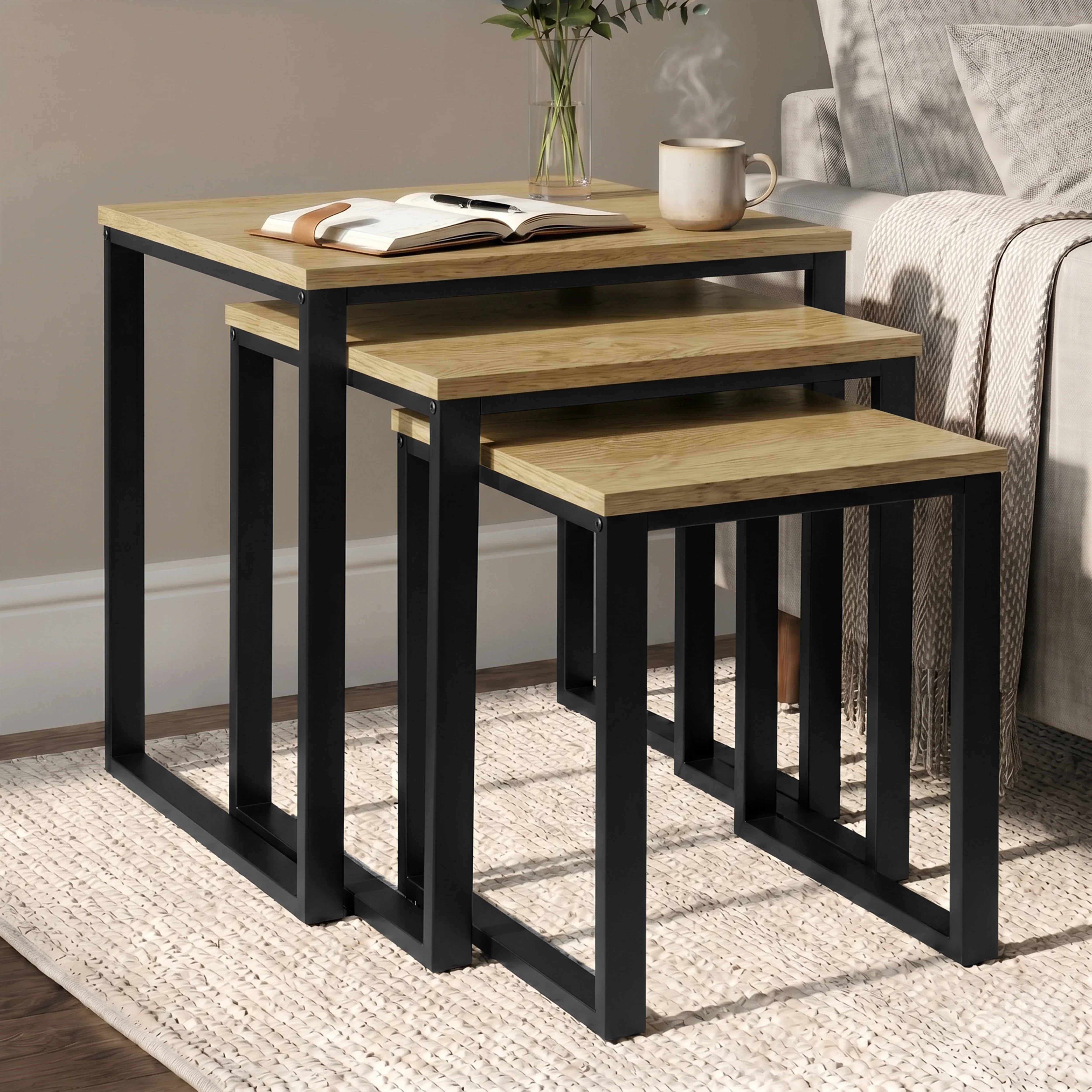 Stackora Set of 3 Nest of Tables - Oak, MDF alternate view