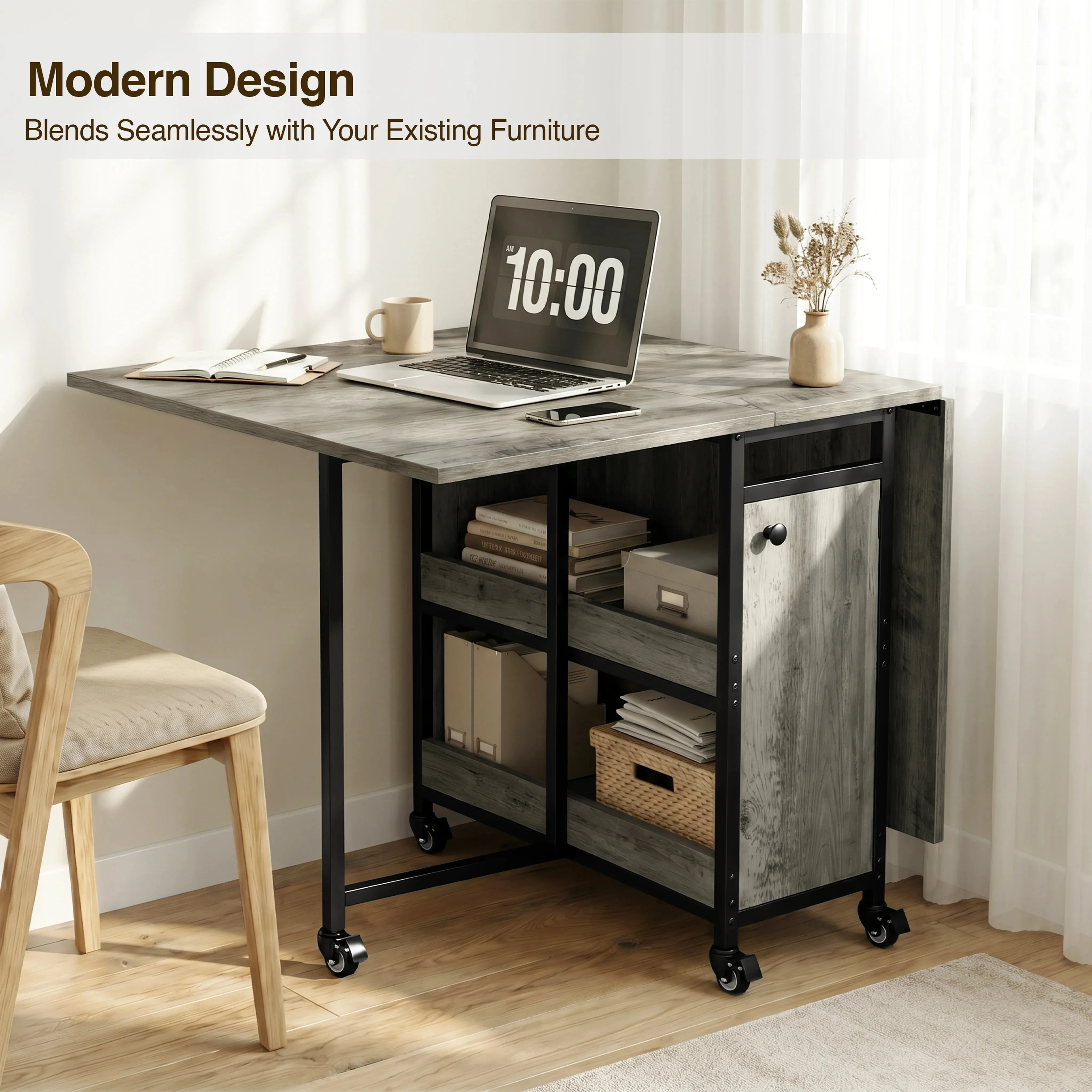 Stovra Iron Rustic Folding Dining Table with Storage - Grey, Wood alternate view