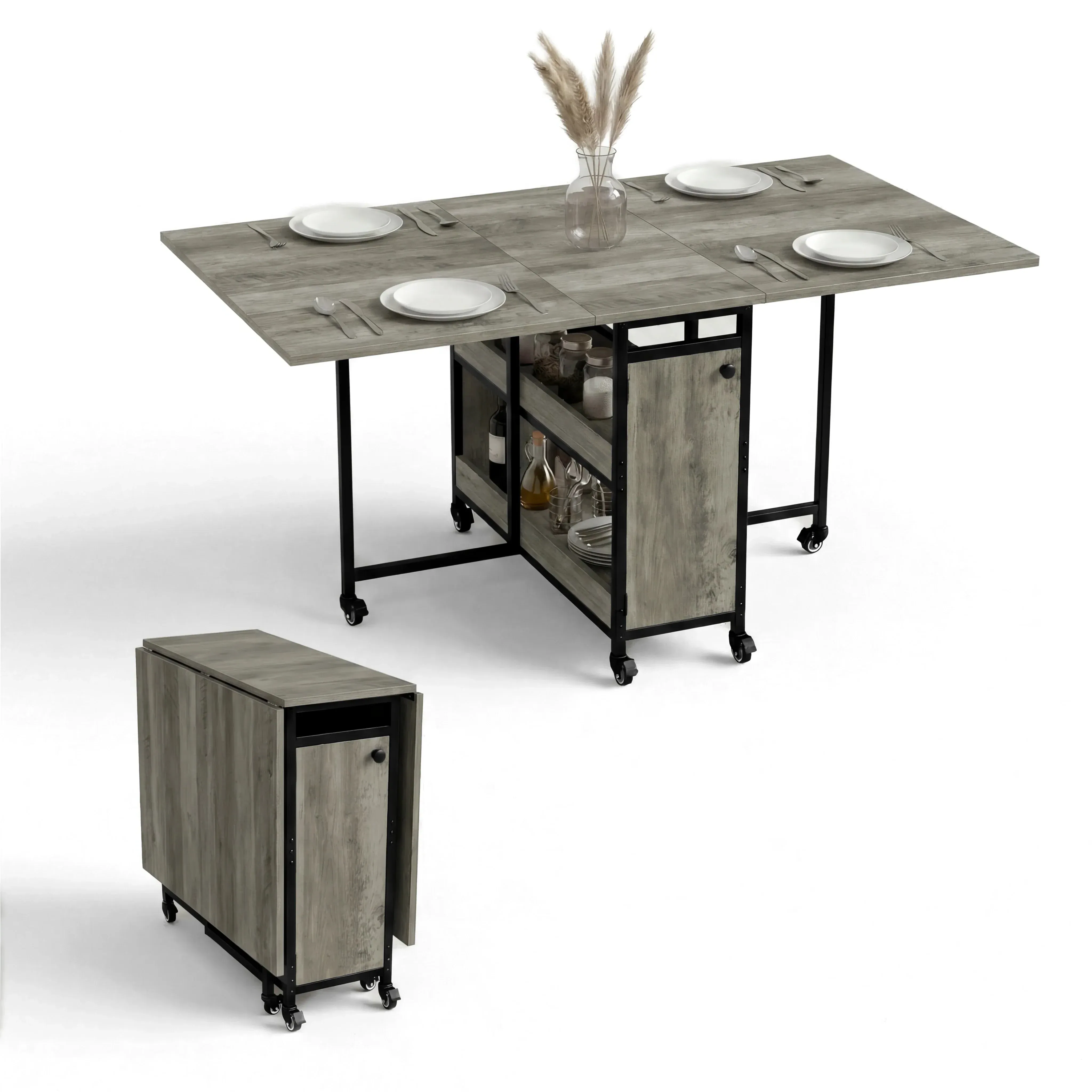 Stovra Iron Rustic Folding Dining Table with Storage - Grey, Wood product
