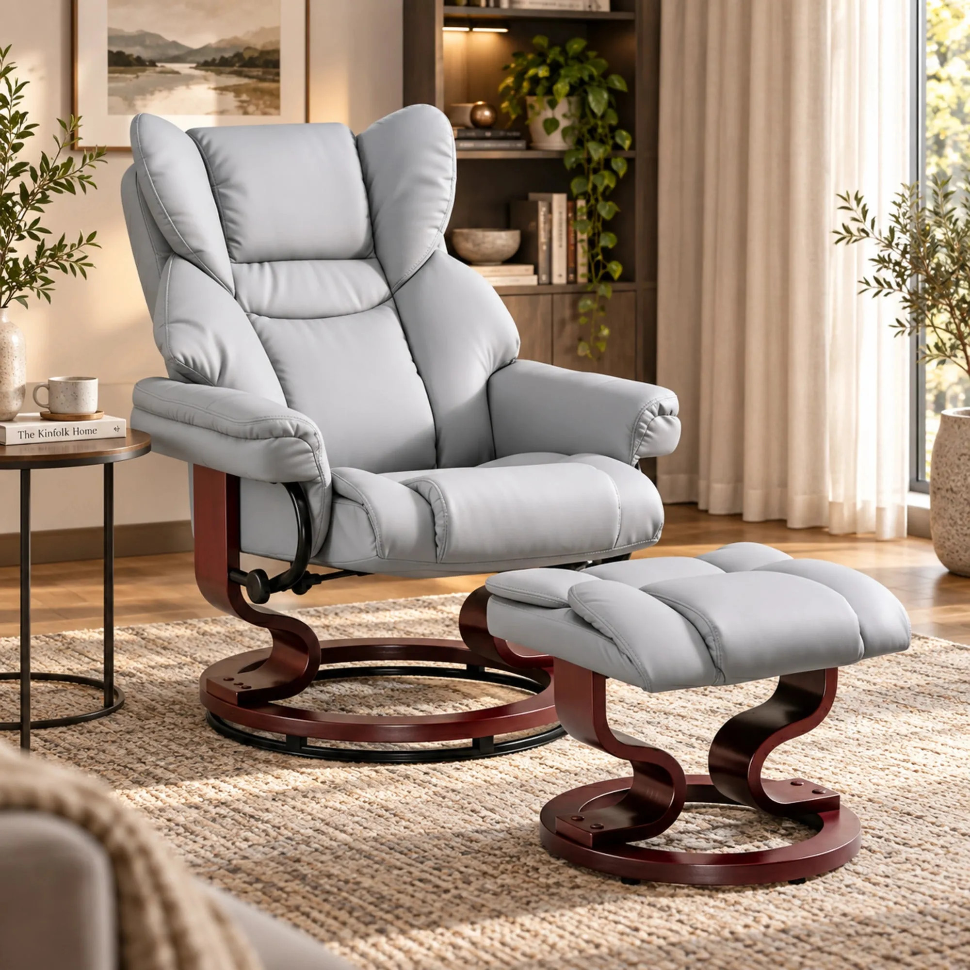 Swivel Recliner Chair with Footstool - Grey, PU Leather product