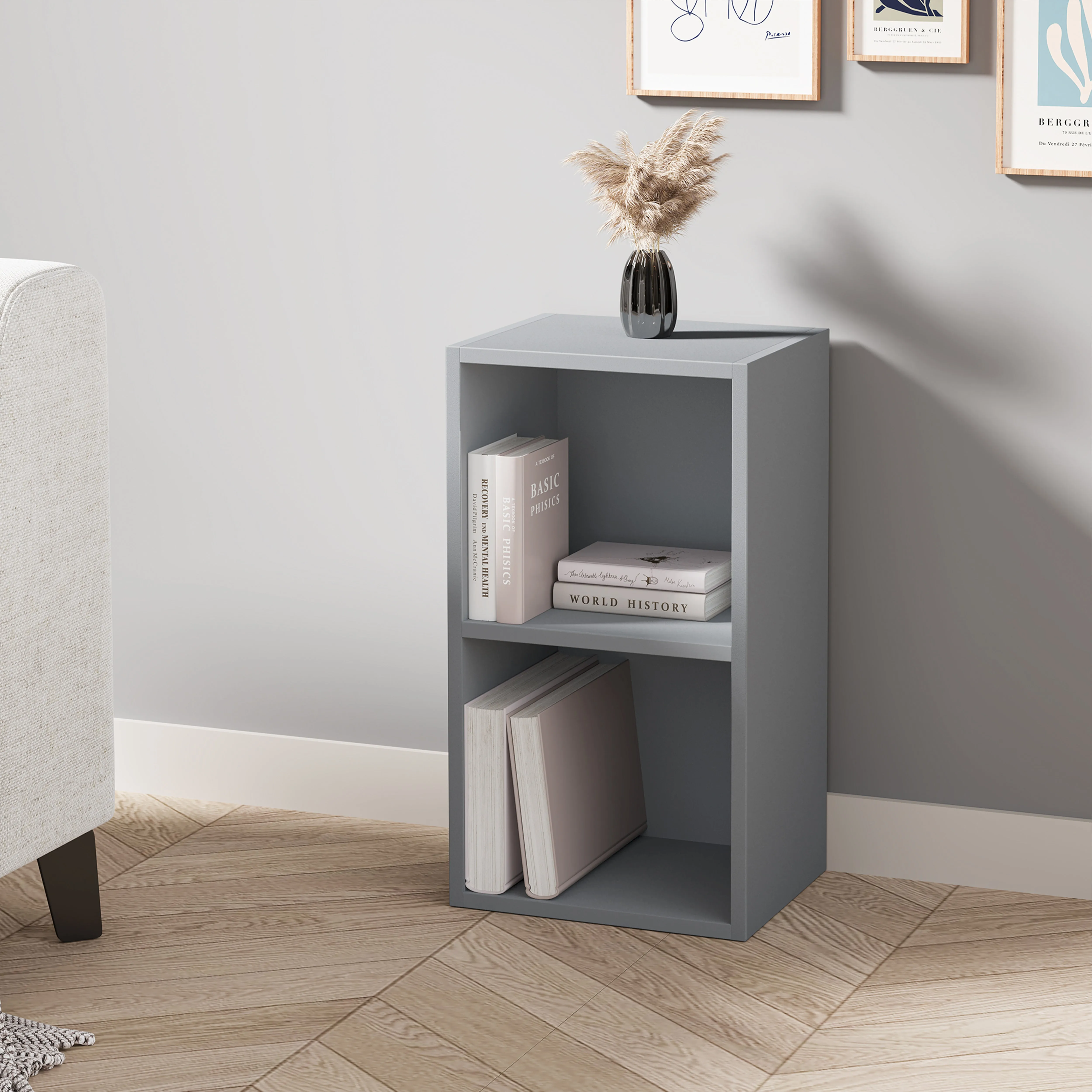 Tall Narrow 2-Shelf Cube Bookcase - Grey, Engineered Wood product