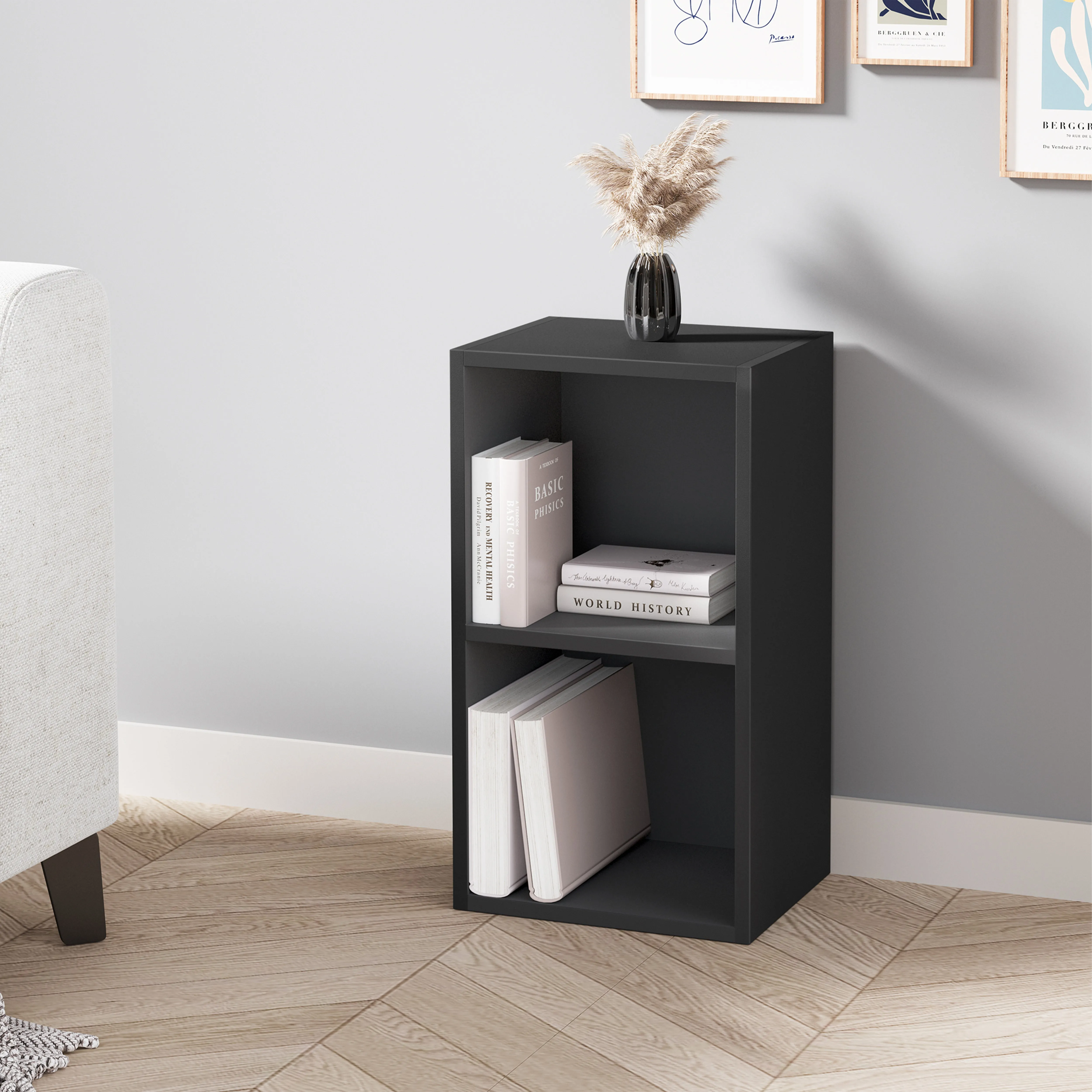 Tall Narrow 3-Shelf Cube Bookcase - Black, Engineered Wood alternate view