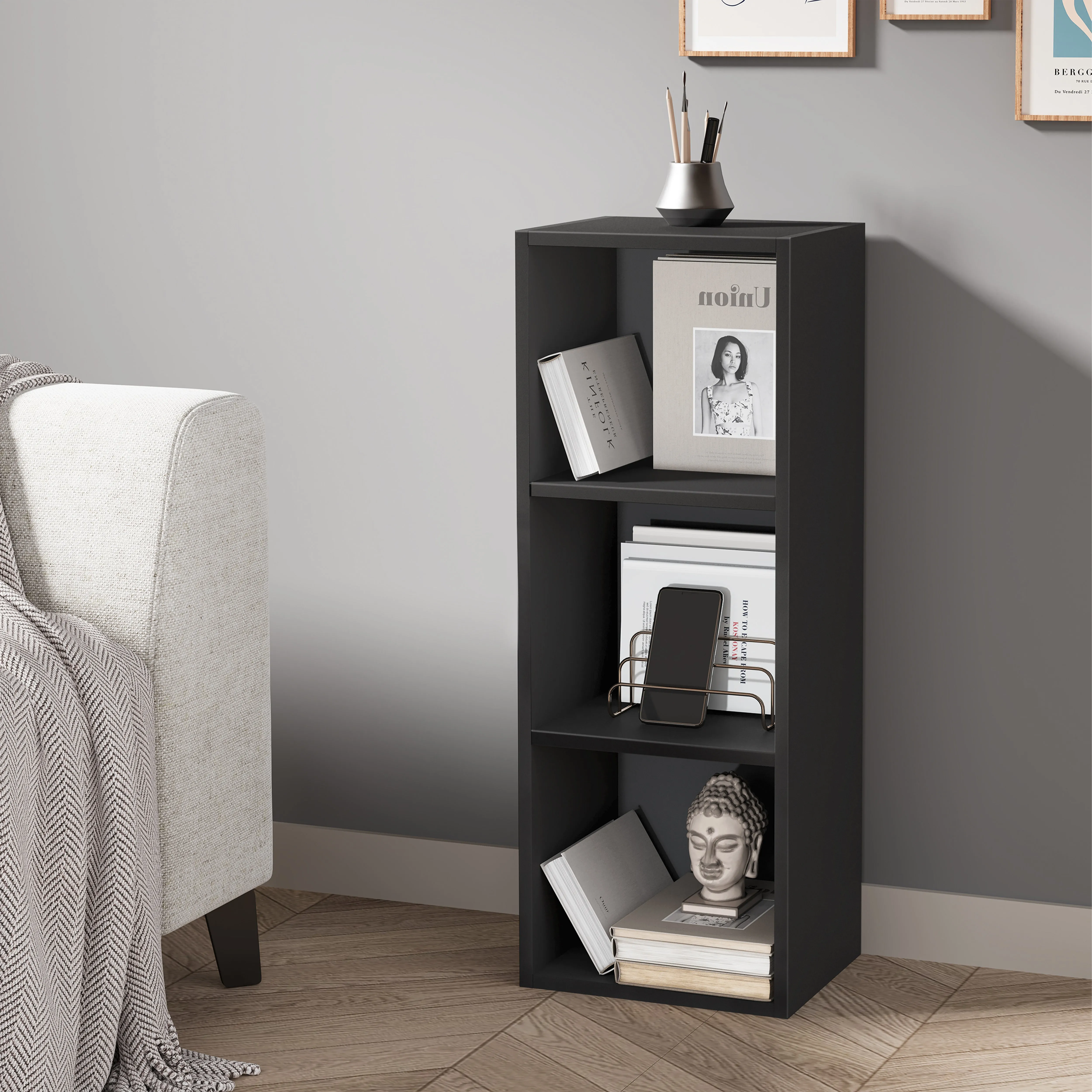 Tall Narrow 3-Shelf Cube Bookcase - Black, Engineered Wood product