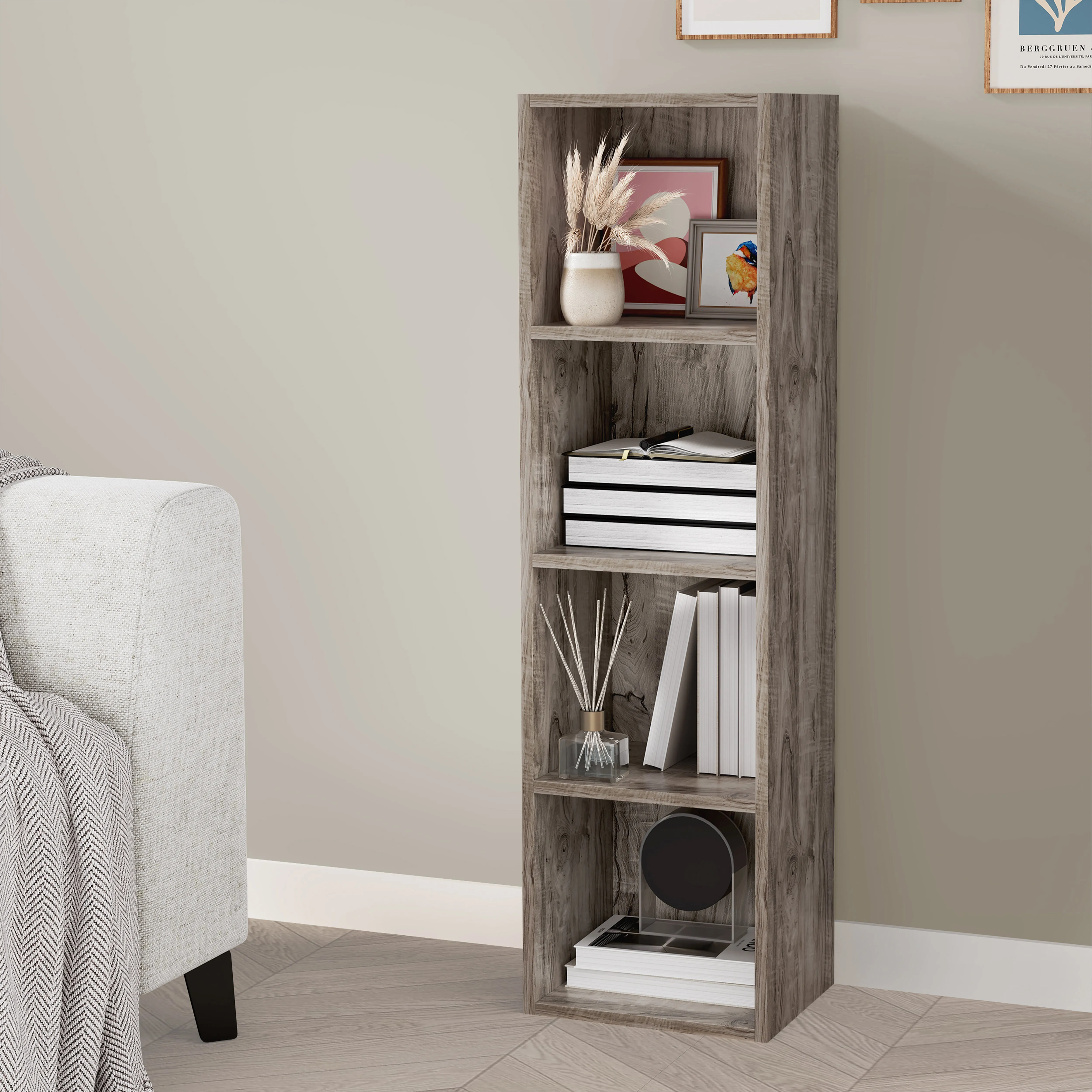 Tall Narrow 4-Shelf Cube Bookcase - Coach Wood, Engineered Wood product