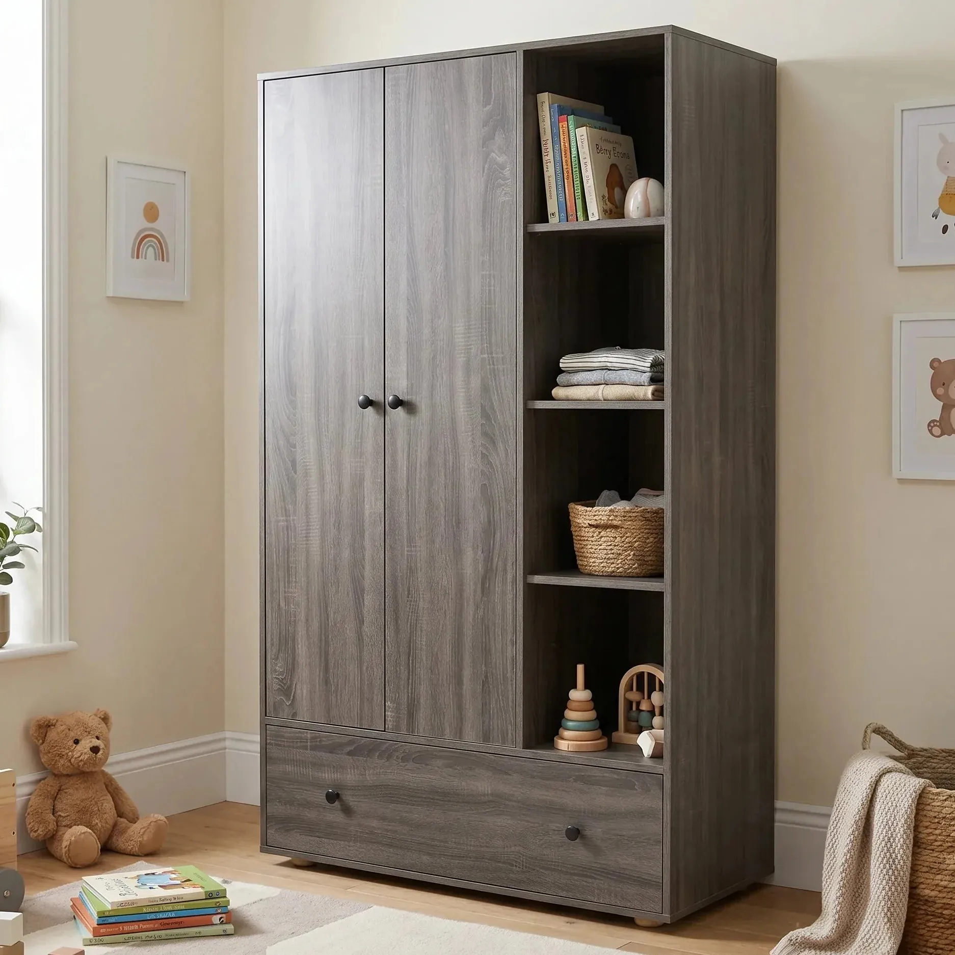 Triple Wardrobe with Drawer & Open Shelves - Grey, Wood alternate view