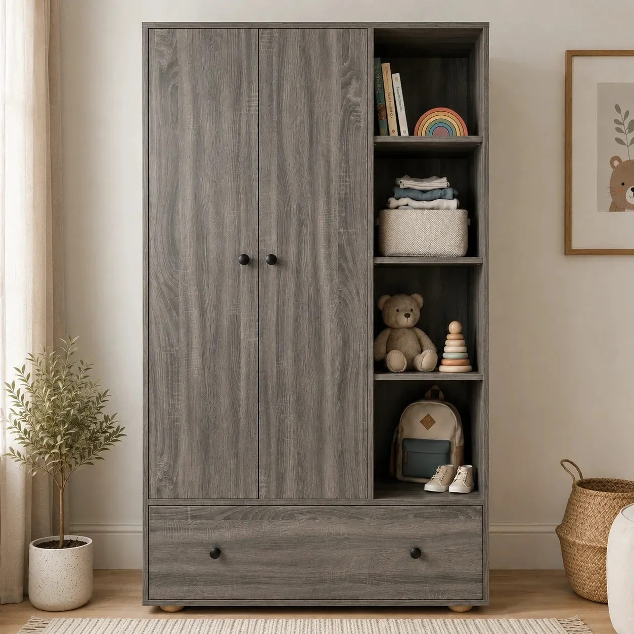 Triple Wardrobe with Drawer & Open Shelves - Grey, Wood product