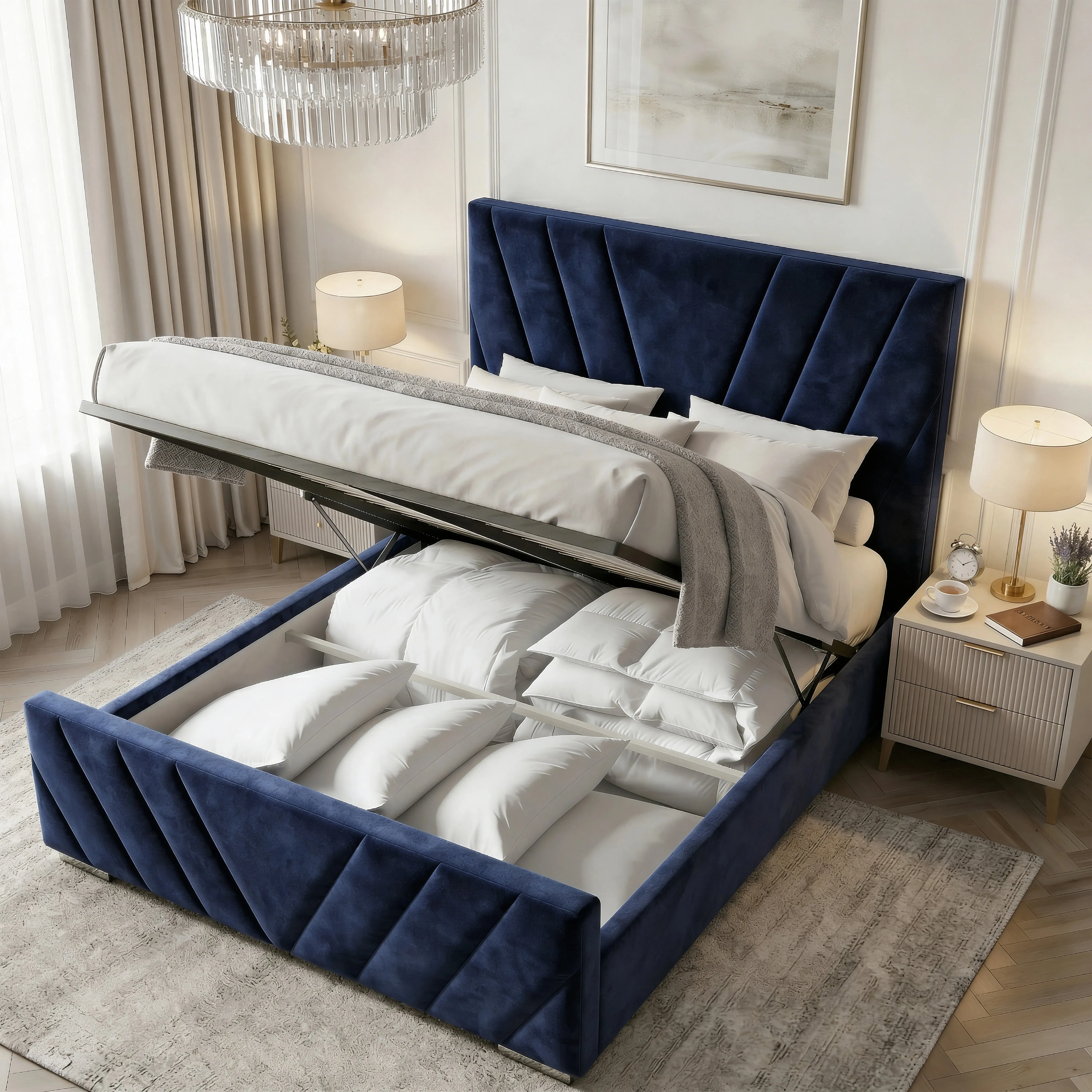 Vellure Double Ottoman Storage Bed Frame - Blue, Velvet alternate view