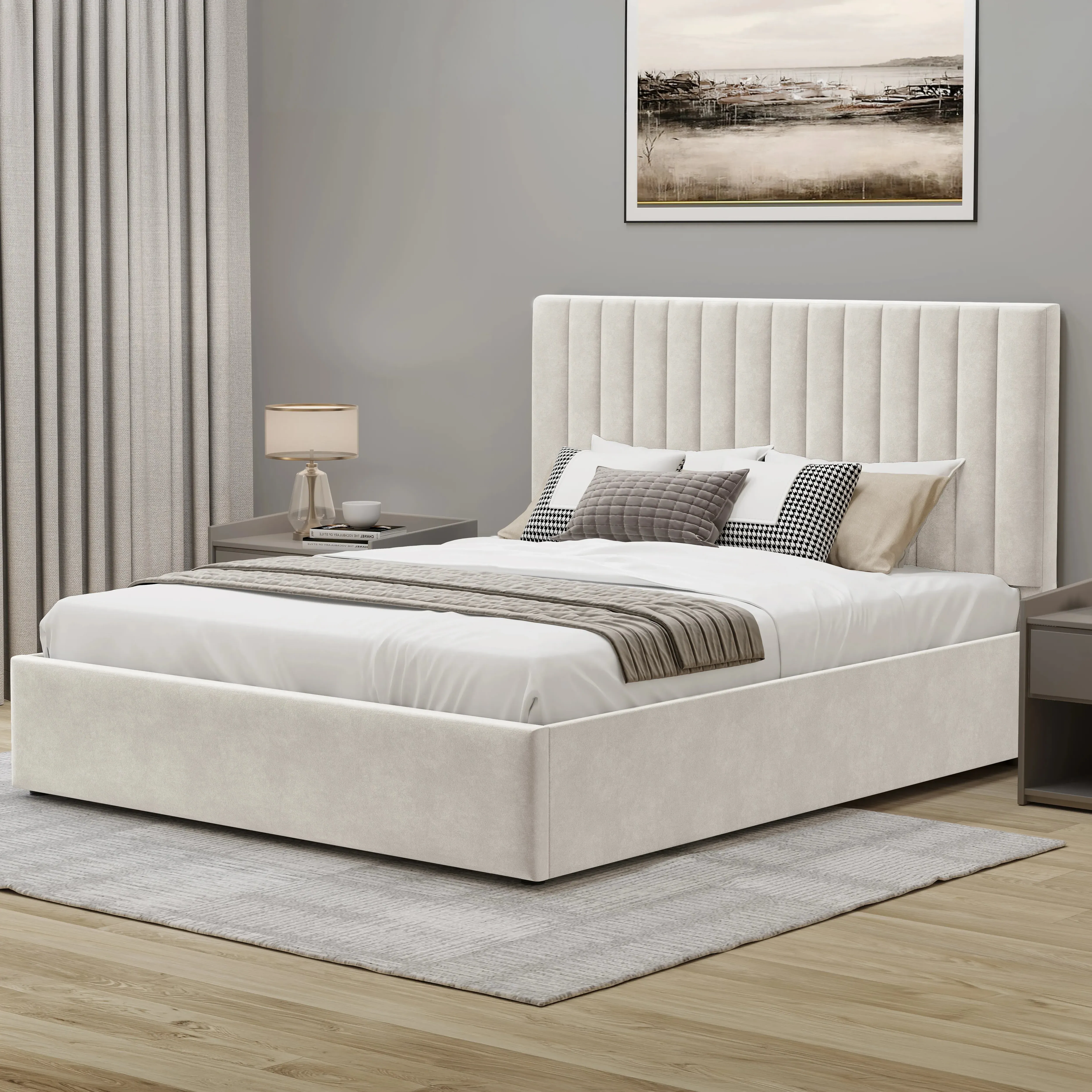 Vertical Line Single Ottoman Storage Bed - Beige, Velvet alternate view