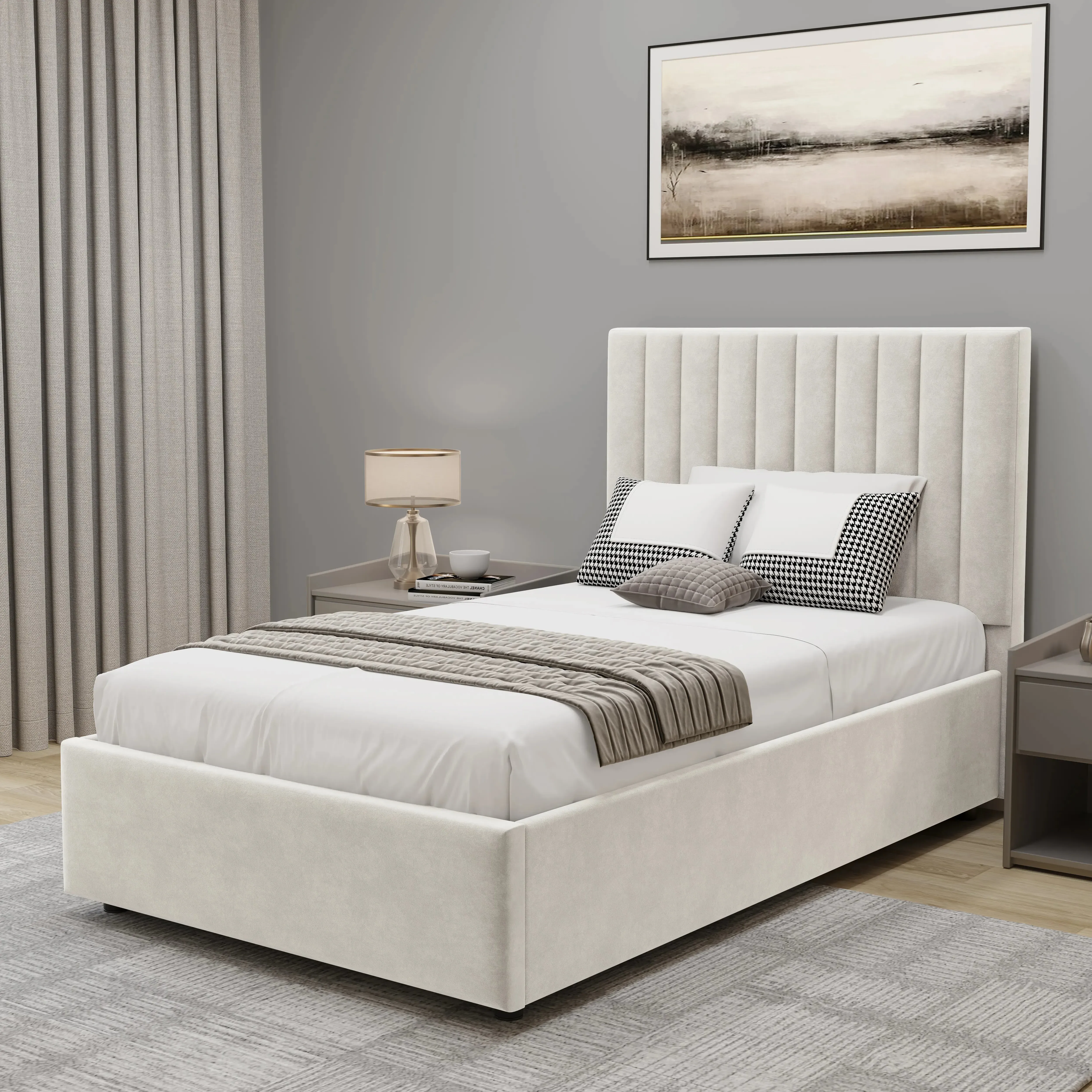 Vertical Line Single Ottoman Storage Bed - Beige, Velvet product