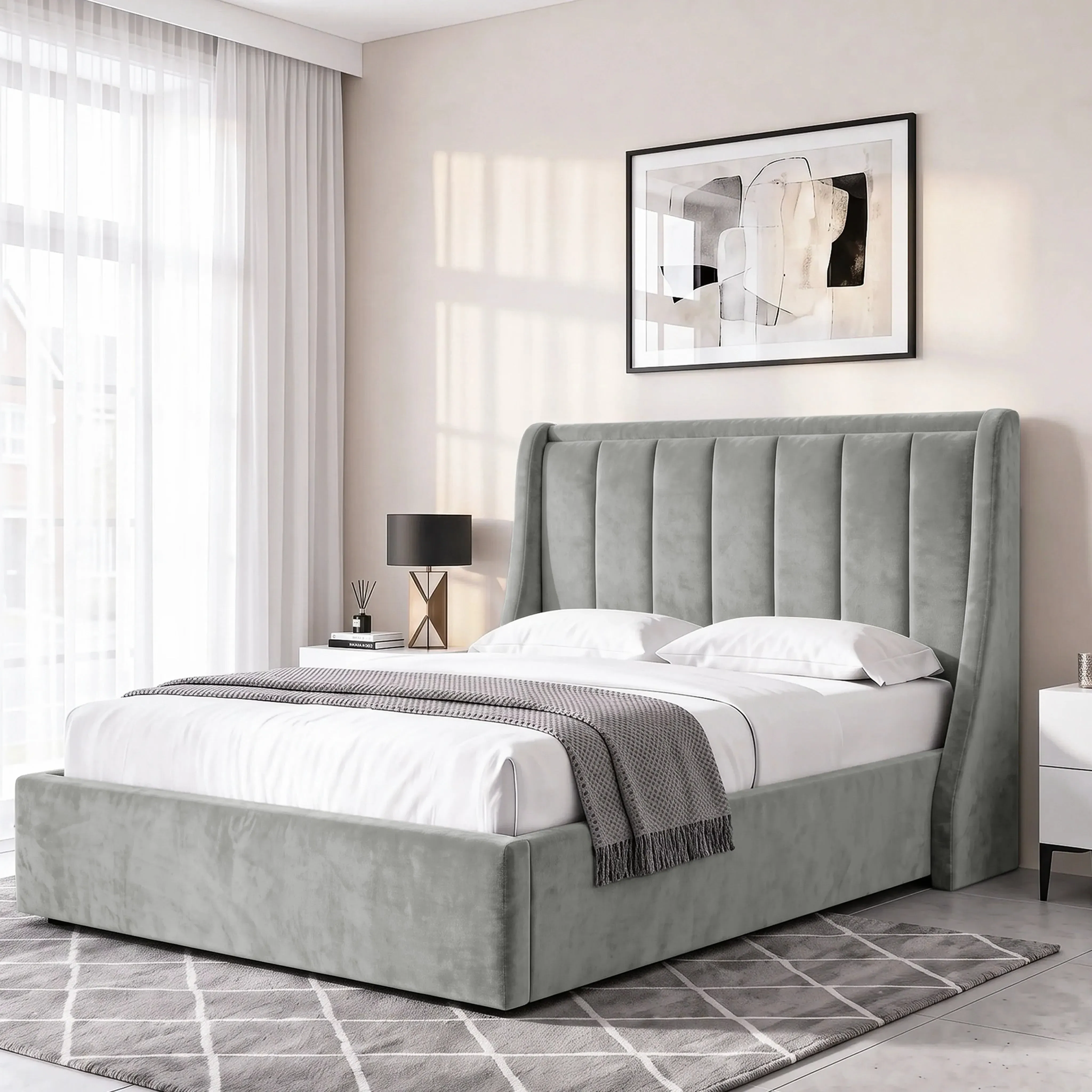 Winged Double Ottoman Storage Bed Frame - Grey, Velvet alternate view