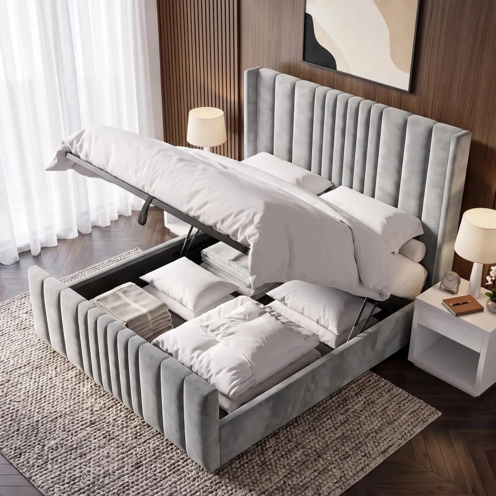 Winged Double Ottoman Storage Bed with Lines - Light Grey, Velvet alternate view